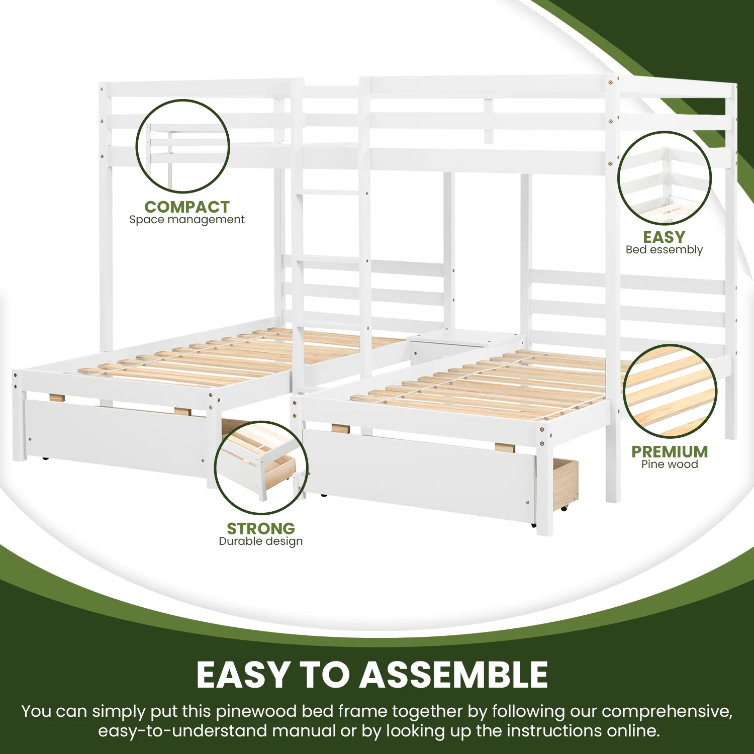 Hanway Triple Full Bunk Bed with Storage Drawers - Convertible 3 in 1 Kids Bunk Bed with Full Over Twin & Twin, Designed for Children's Safety (white)
