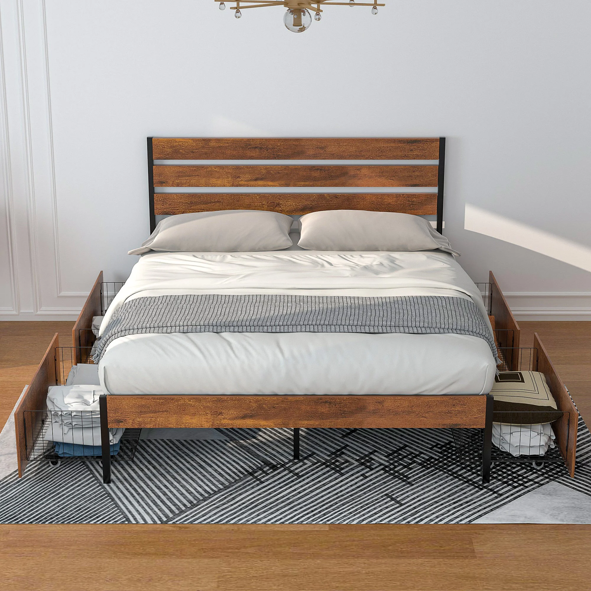 VECELO Queen Bed Frame with 4 Storage Drawers, Industrial Platform Bed with Wooden Headboard, No Box Spring Needed, Easy Assembly, Brown