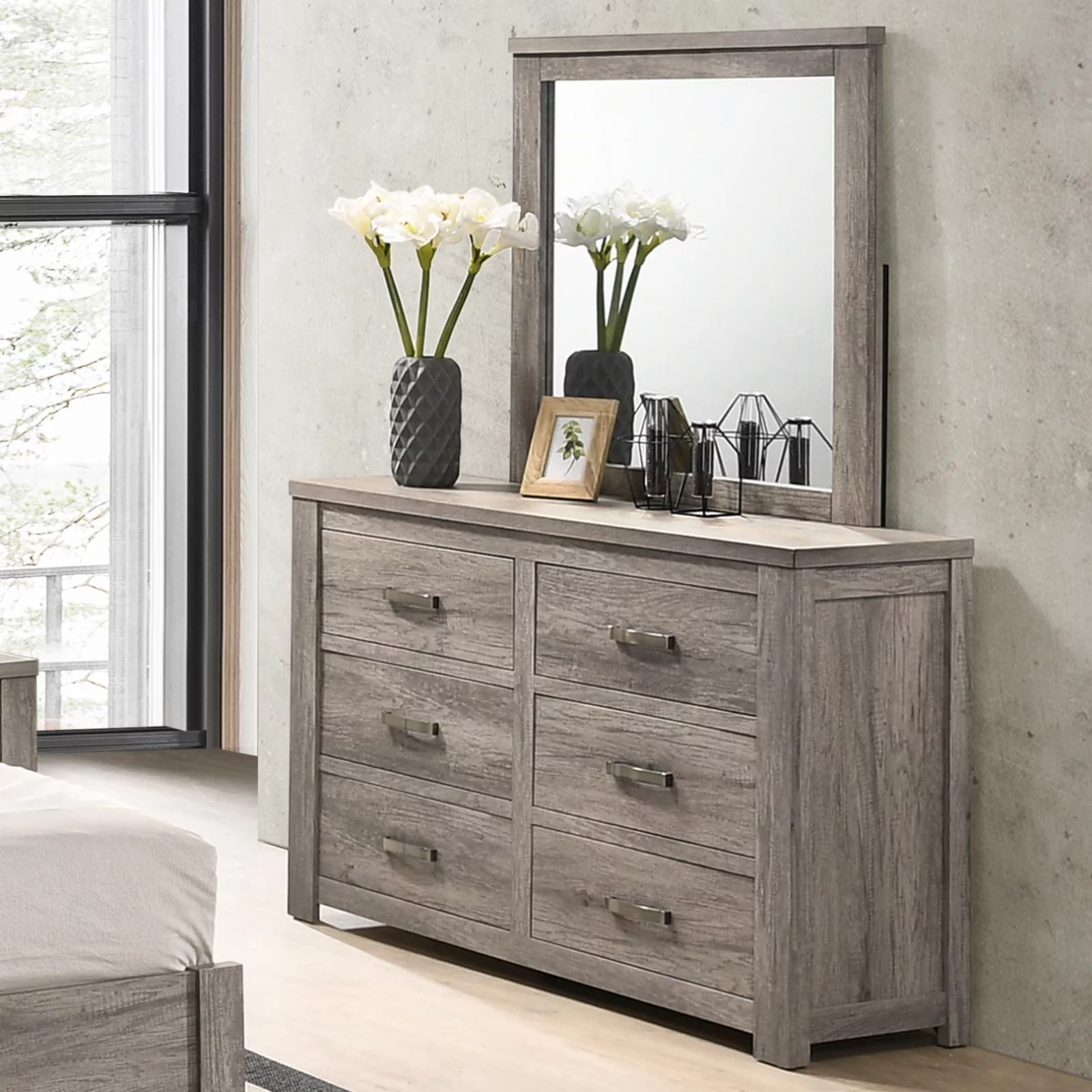 Roundhill Furniture Floren Contemporary 6-Drawer Dresser with Mirror