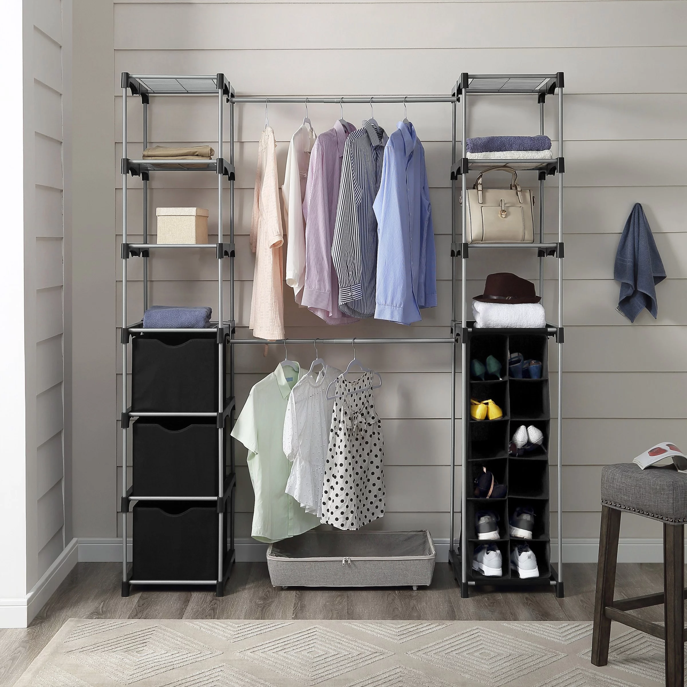 Mainstays Non-Woven Closet Organizer, 2-Tower 9-Shelves, Easy to Assemble, Black