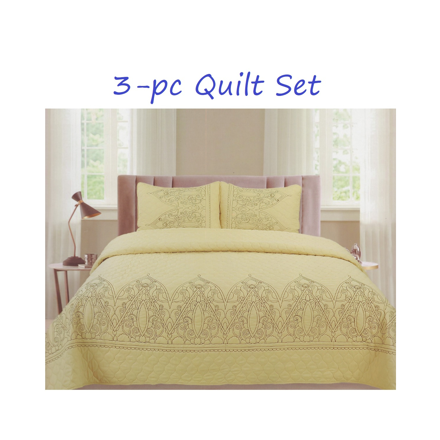 Embroidered Quilted Bedspread Set   Queen  King Size Cream Yellow Design 3 Piece Quilt Set