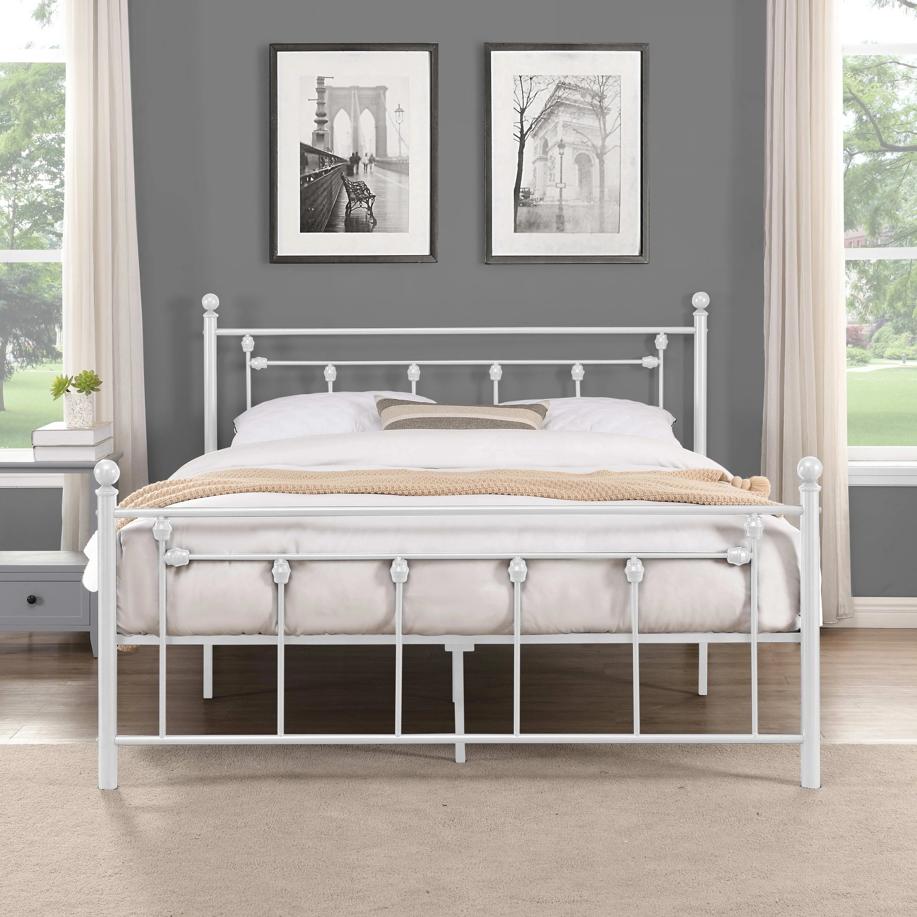 Full Size Metal Bed Frame with Headboard and Footboard (White)