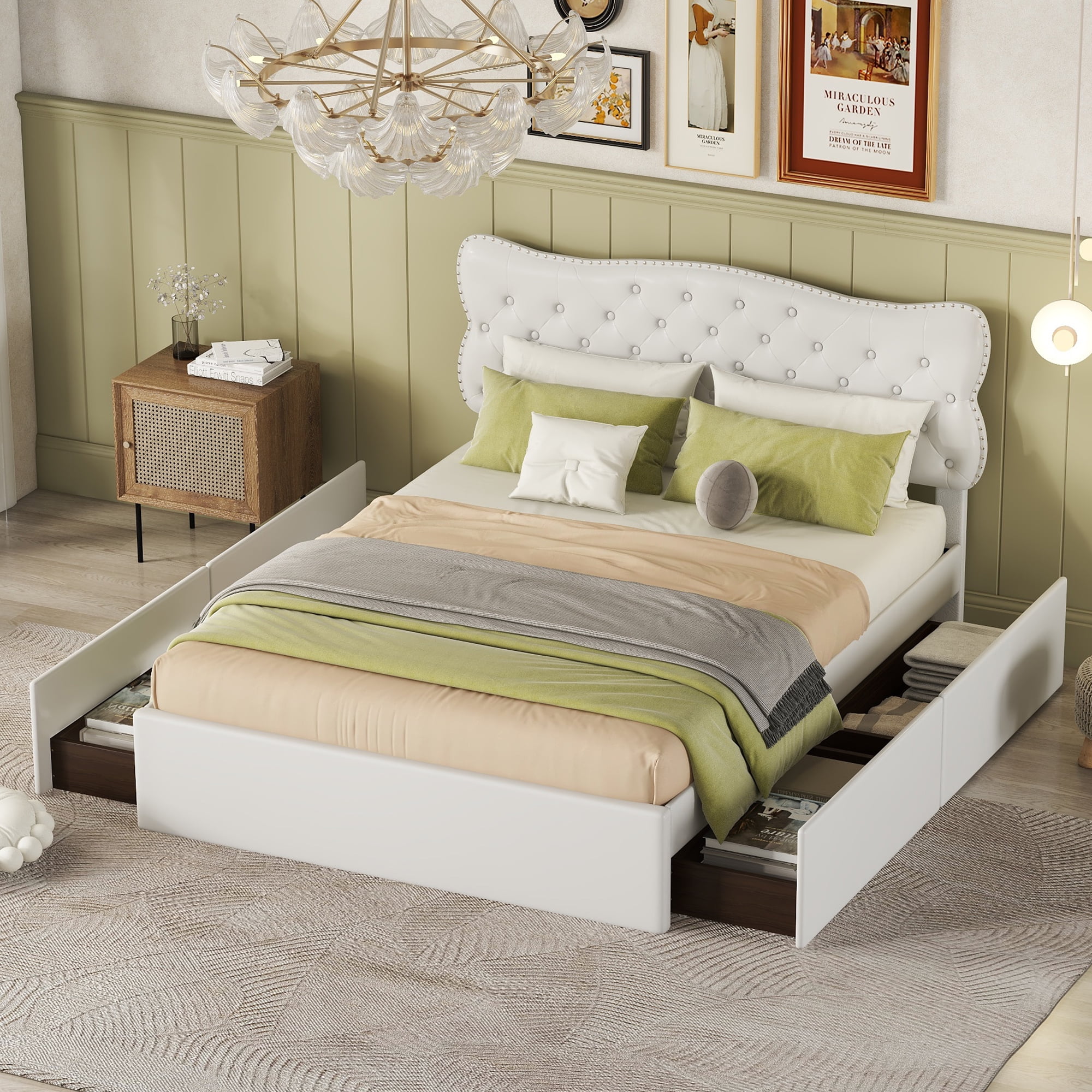 EUROCO Upholstery Queen Size Platform Bed with 4 Drawers for Living Room, PU Leather Headboard Heavy Duty Bed for Kids Teens Adults, Beige