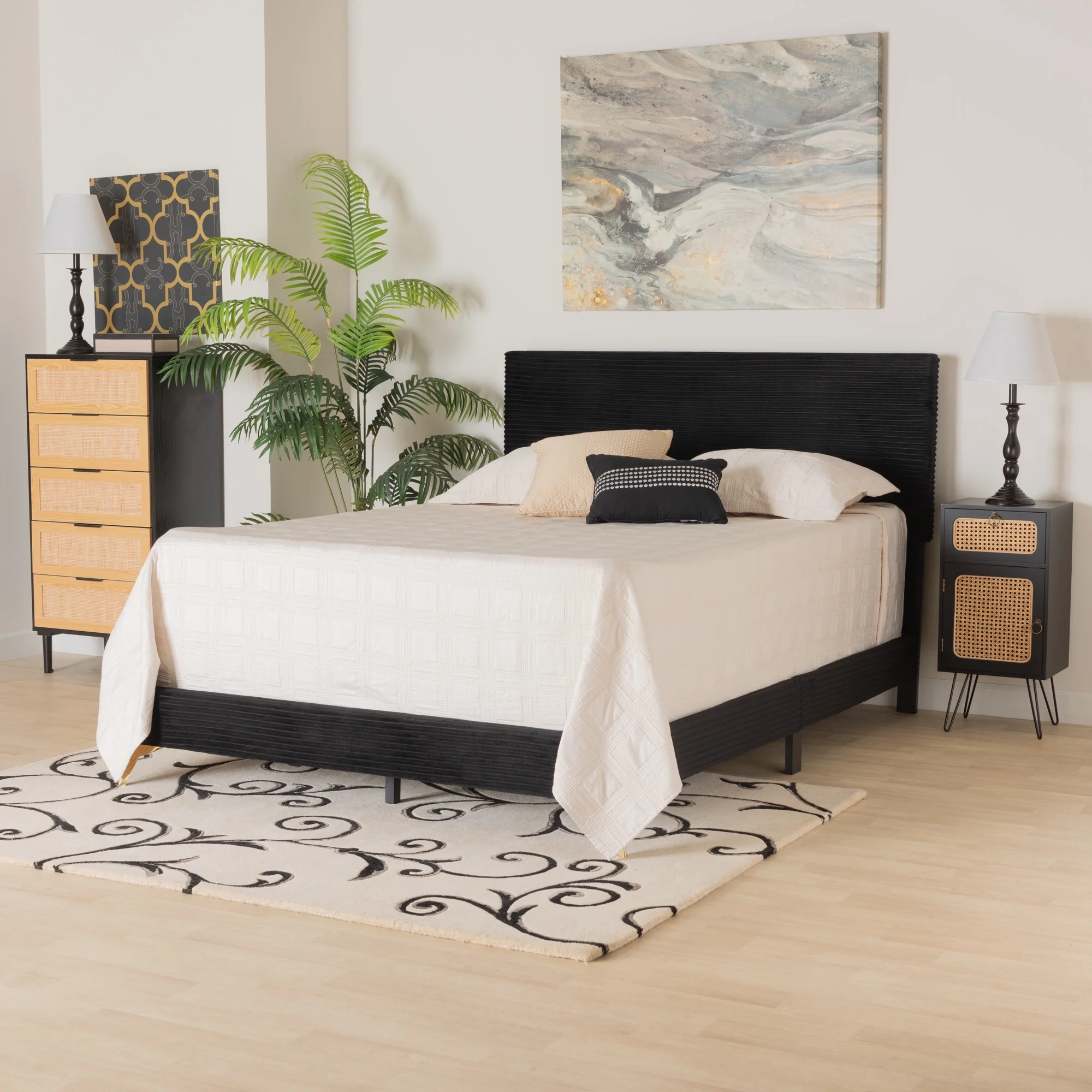 Baxton Studio Abberton Modern and Contemporary Black Velvet and Gold Metal Queen Size Panel Bed