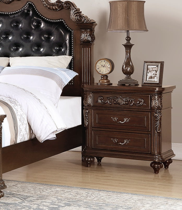 Luxurious 4pcs Bedroom Furniture Tufted HB Panel Queen Bed Dresser Mirror Nightstand Brown