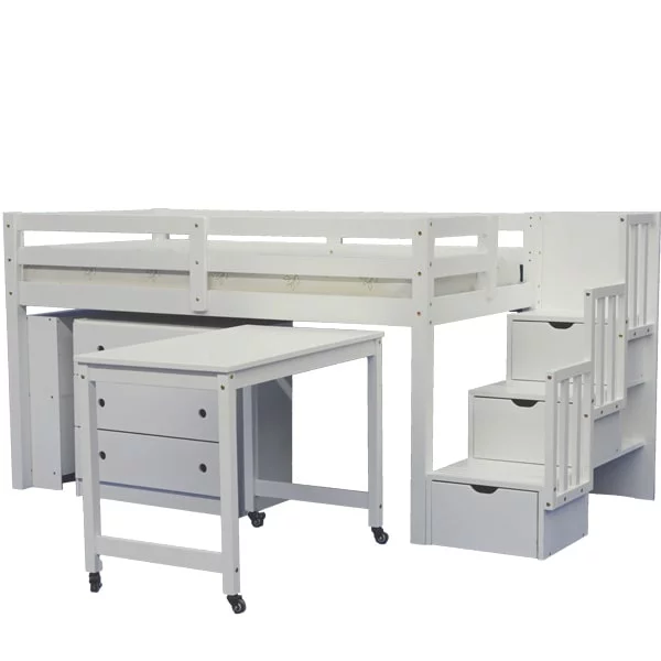 Junior Stairway Mid Loft Bed with Desk, Chest and Bookcase White