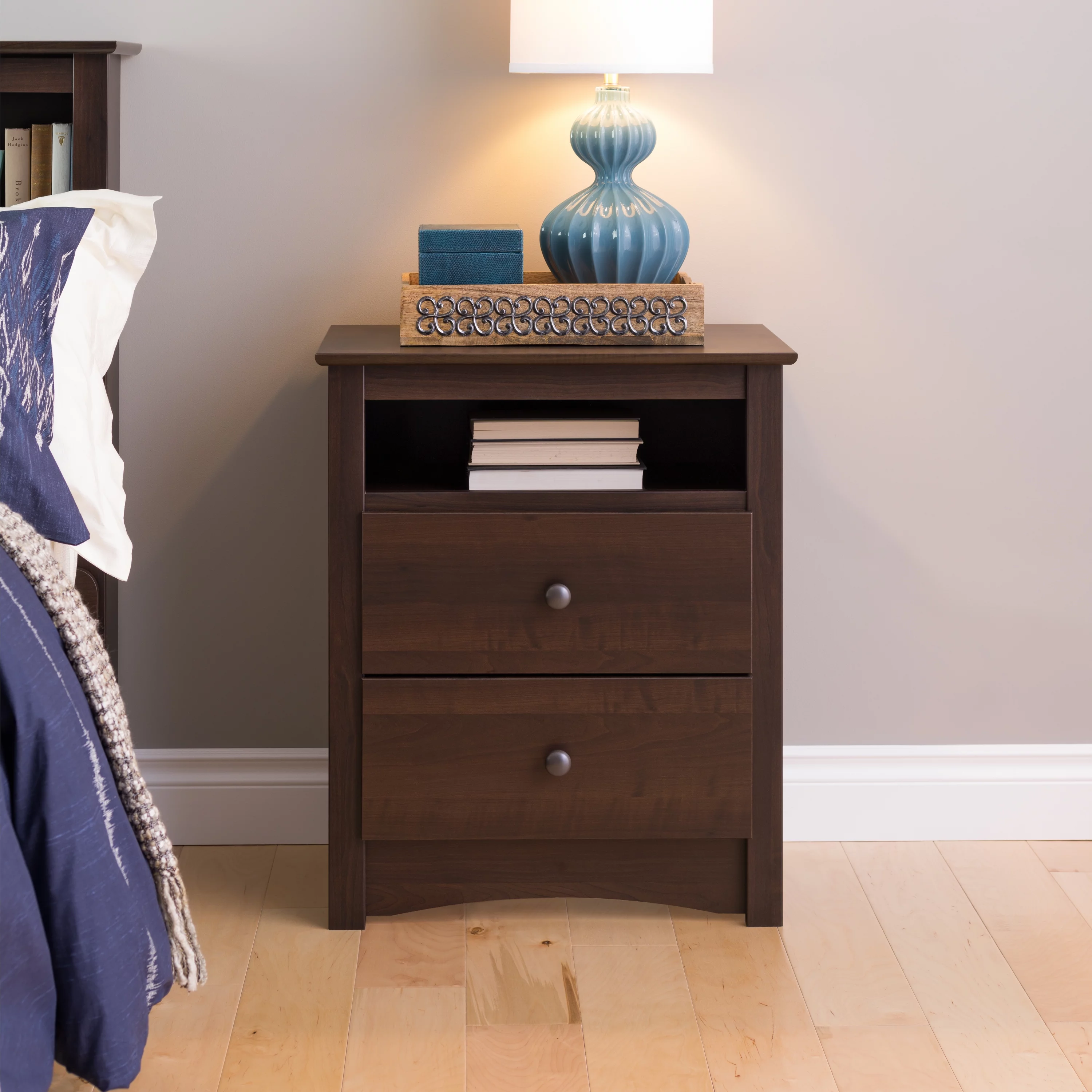 Prepac's Fremont 2 Drawer Nightstand: Elegant Bedroom Furniture, Bedside Table with Open Shelf, 23.25