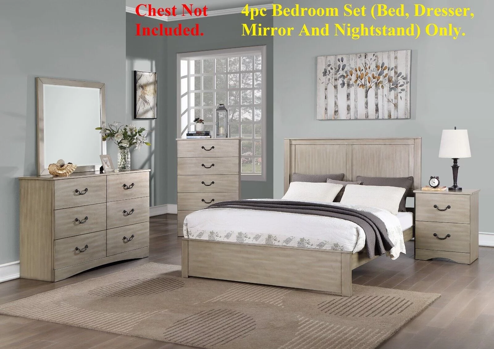 Simple Transitional Light Tan Hue Finish 4pc Bedroom Set California King Size Bed Dresser Mirror Nightstand Wooden Furniture