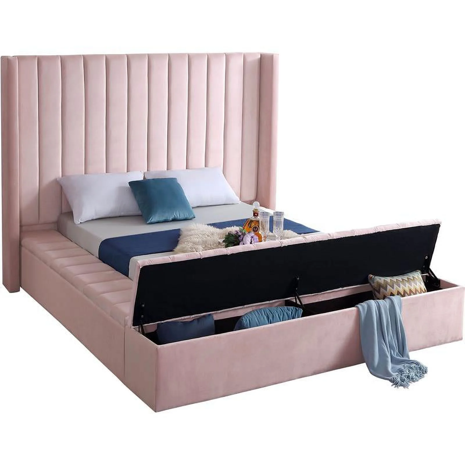 Meridian Furniture Kiki Solid Wood and Velvet Full Bed in Pink