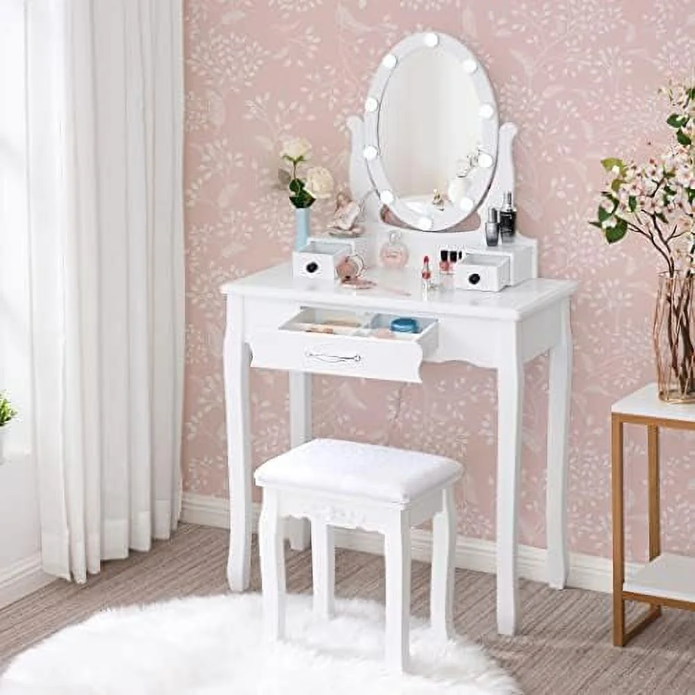 RUNFAYBIU Vanity Desk Vanity Table Set with LED Lighted Mirror 3 Lighting Colors Adjustable 5  Shelves Cushioned Stool 2 Big Drawers Dresser Desk for Girls Women White UBDT14W