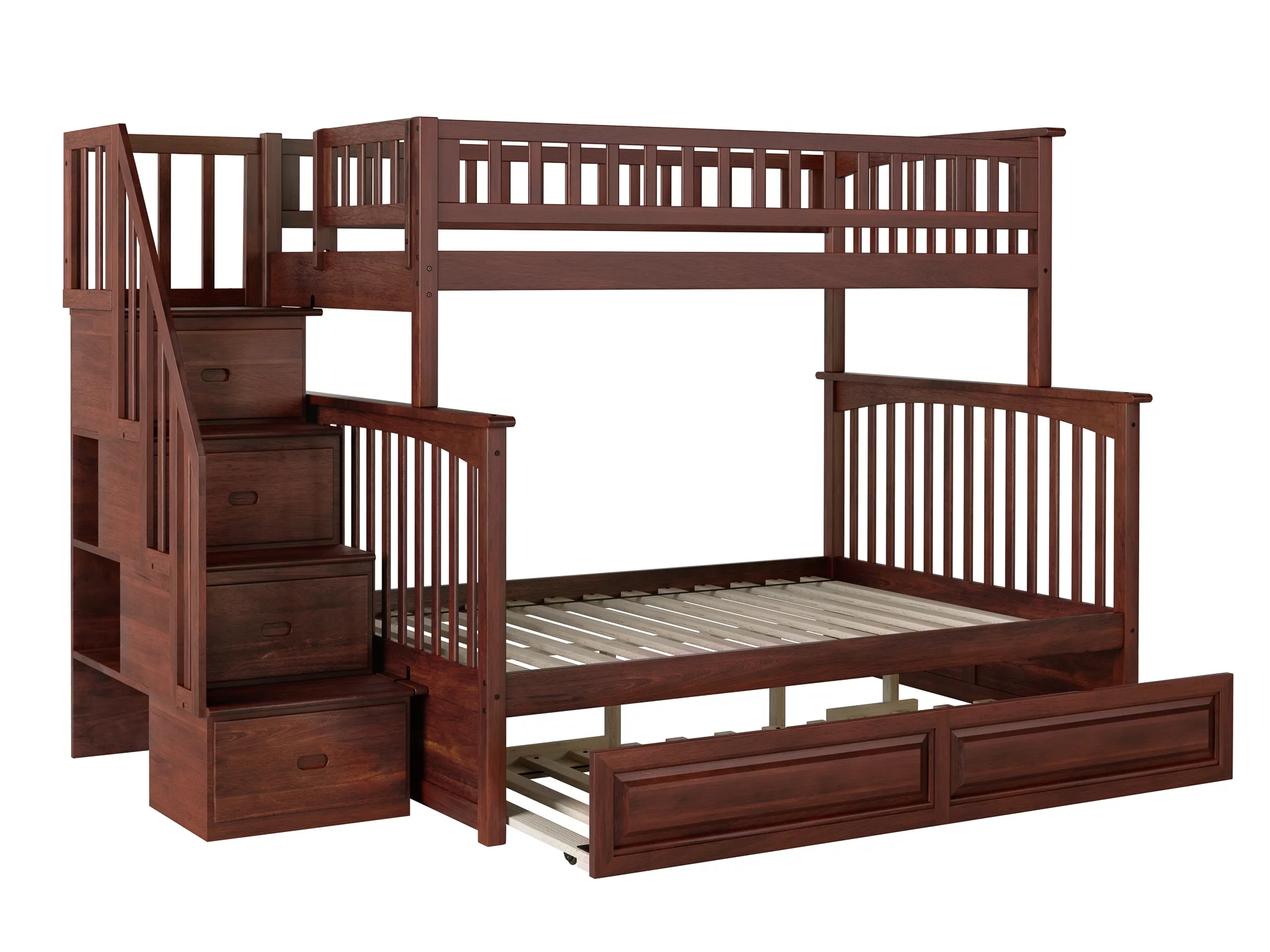 Columbia Staircase Bunk Bed Twin over Full with Twin Size Raised Panel Trundle Bed in Walnut