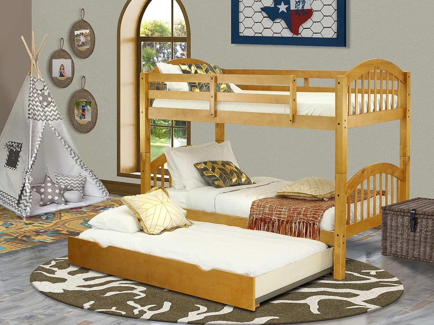 Solid Wood Bunk Beds Over With Trundle, 4-Step Ladder, And Safety Rail, Oak Finish.
