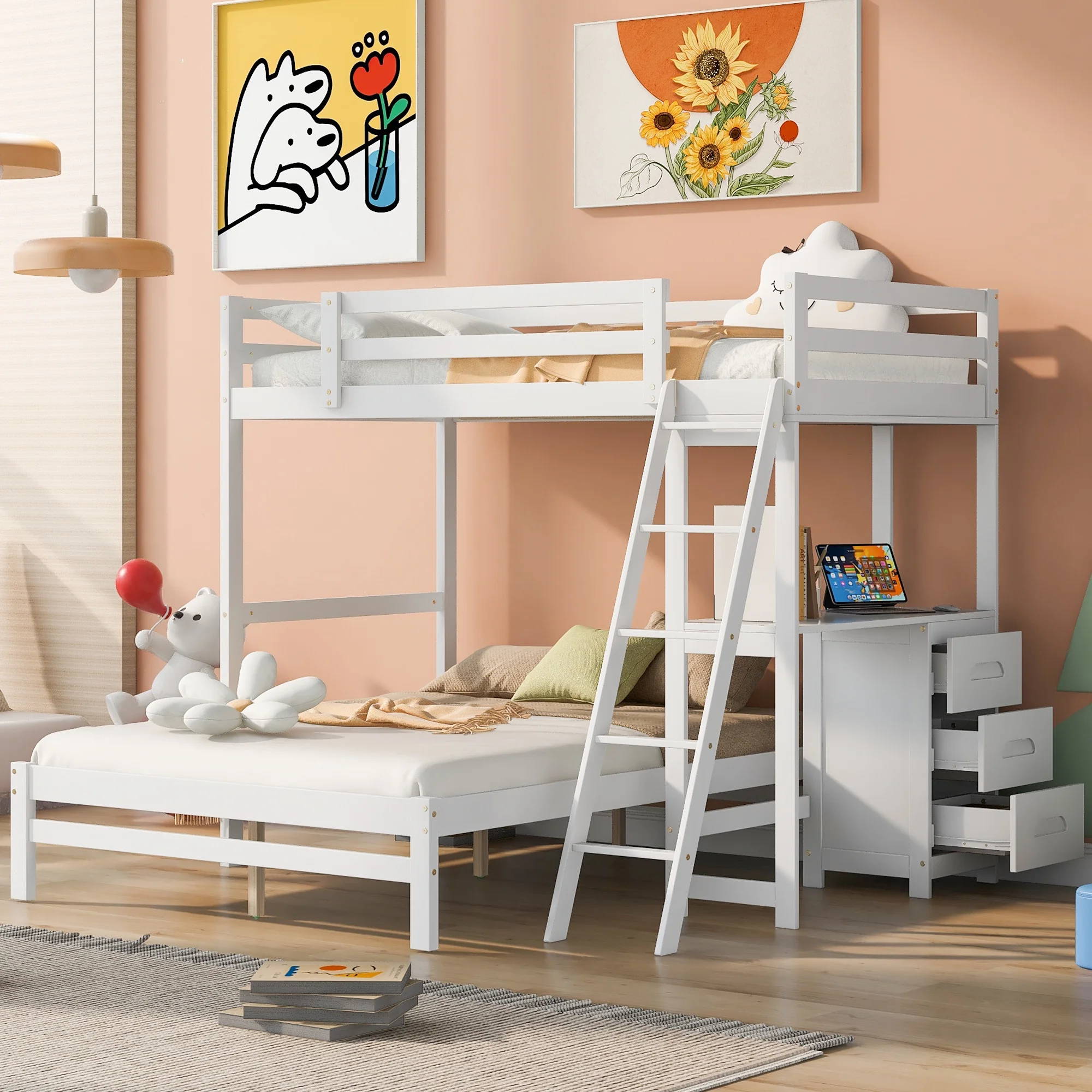 Euroco Twin over Full Bunk Bed with Desk and Drawers for Kids Bedroom, White