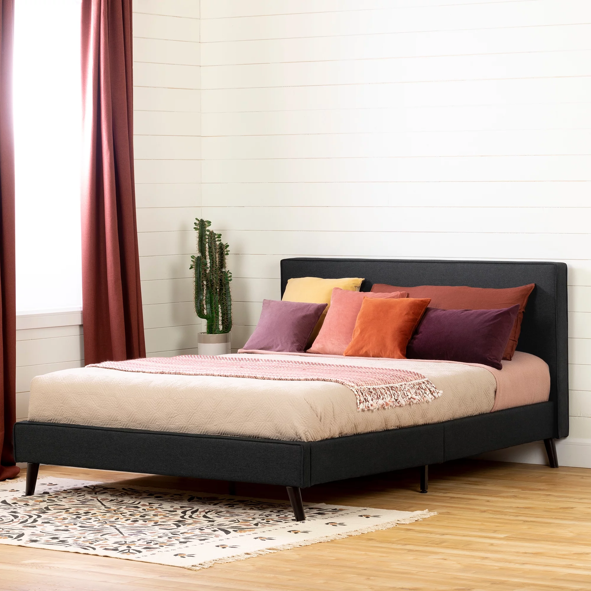 South Shore Sazena Upholstered Complete Bed, Matte Charcoal