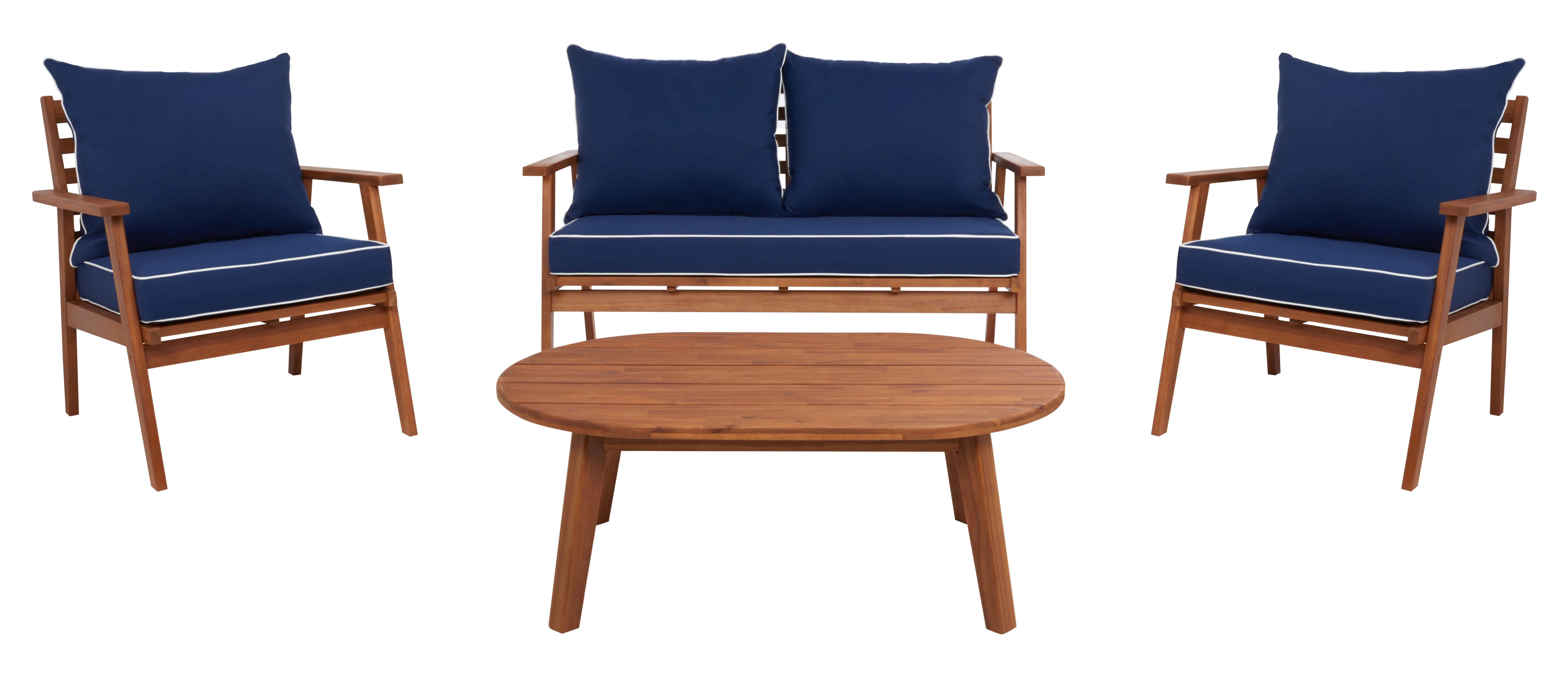SAFAVIEH Deacon Outdoor Patio 4 Piece Conversation Set, Natural/Navy