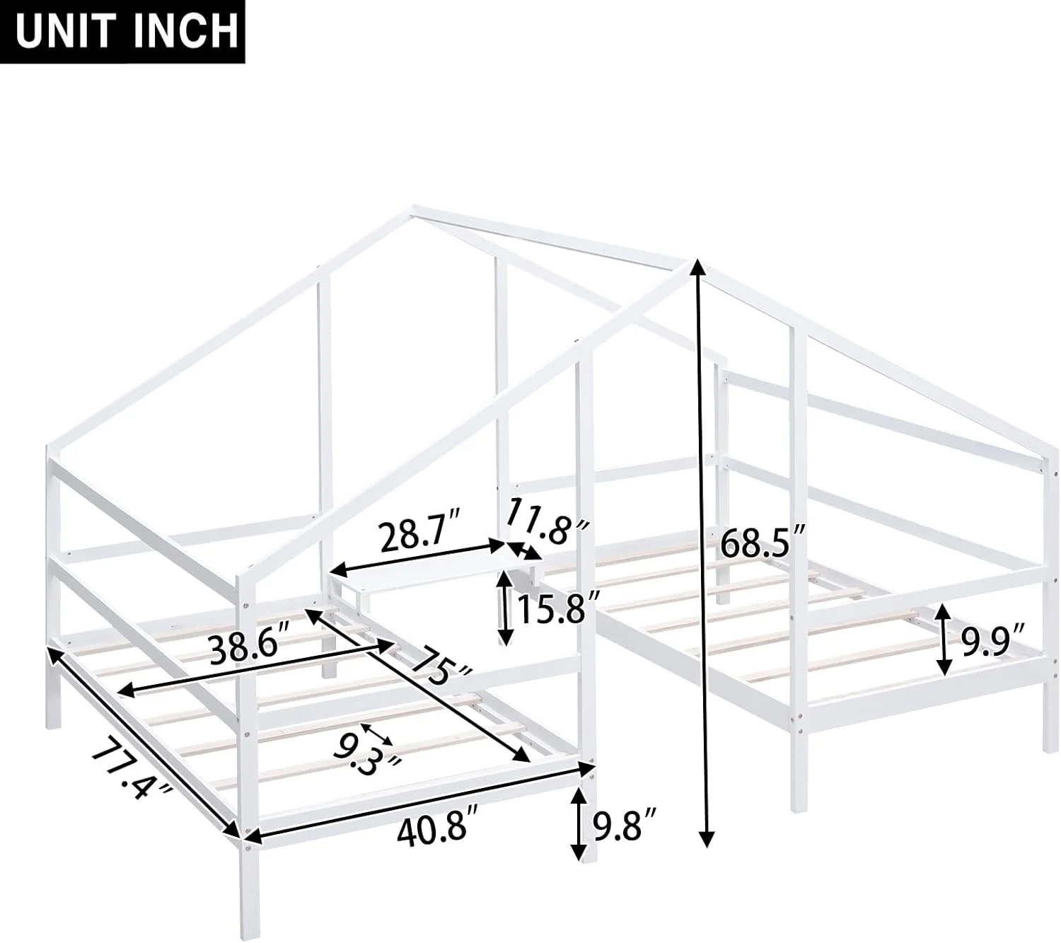 Double Size House Beds Triangular Canopy Bed With Built-In Table For Kids Teens Adults - White