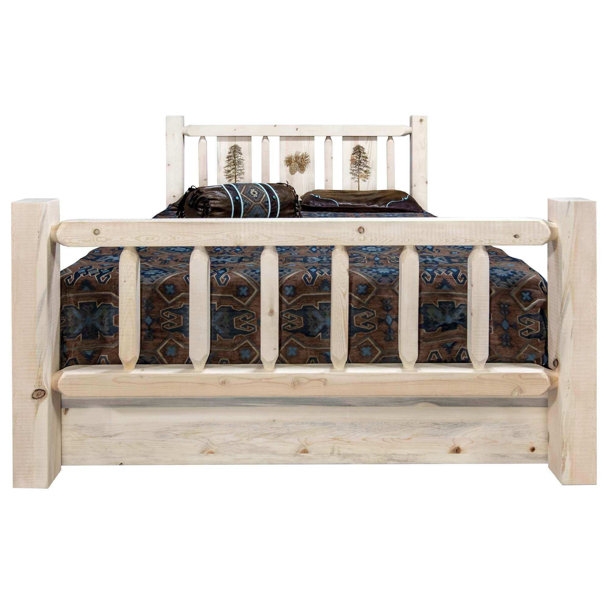 Homestead Collection Twin Storage Bed w/ Laser Engraved Pine Design, Ready to Finish