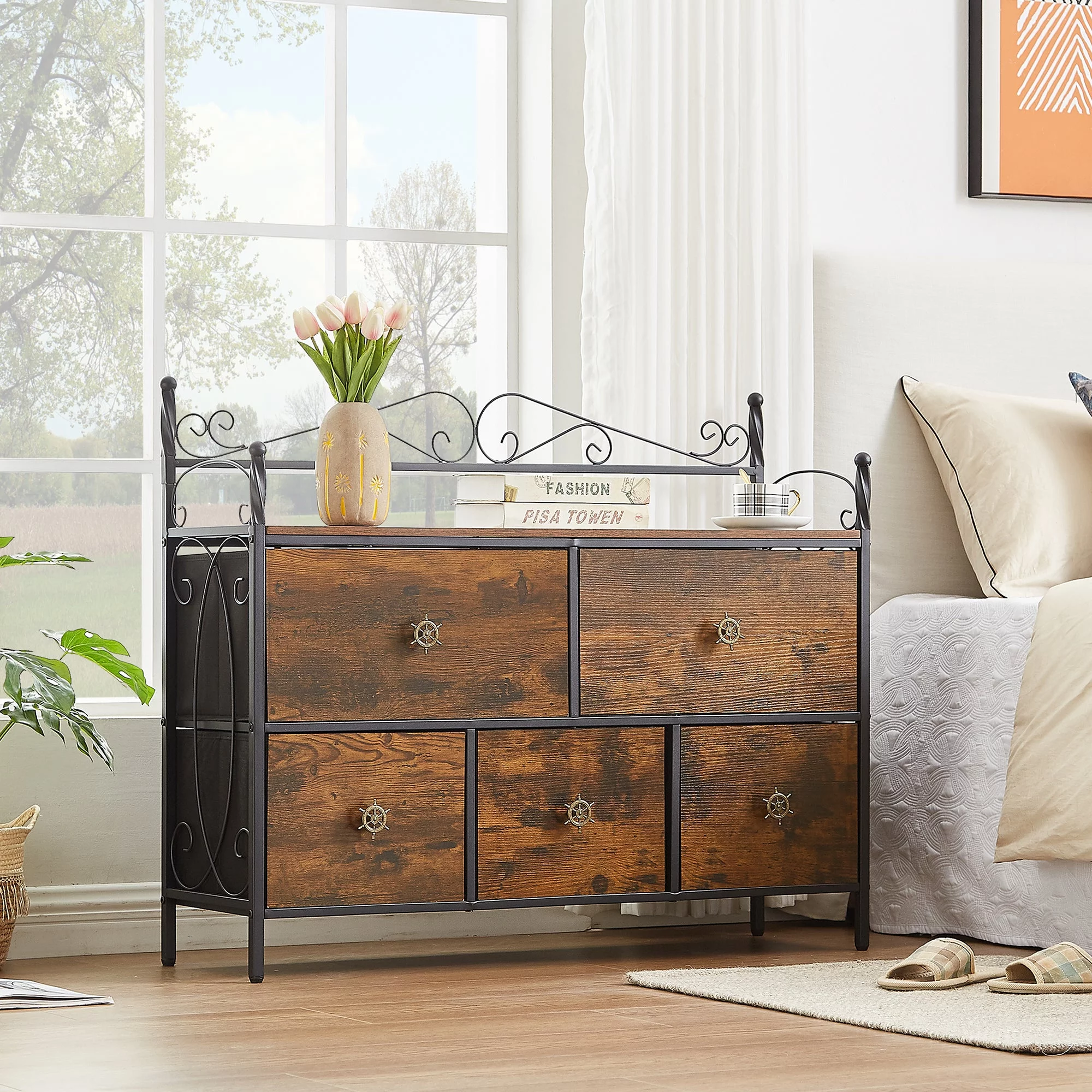 VECELO 4-Piece Bedroom Set Include Queen Size Bed Frame & Dresser & 2 Nightstand, Brown