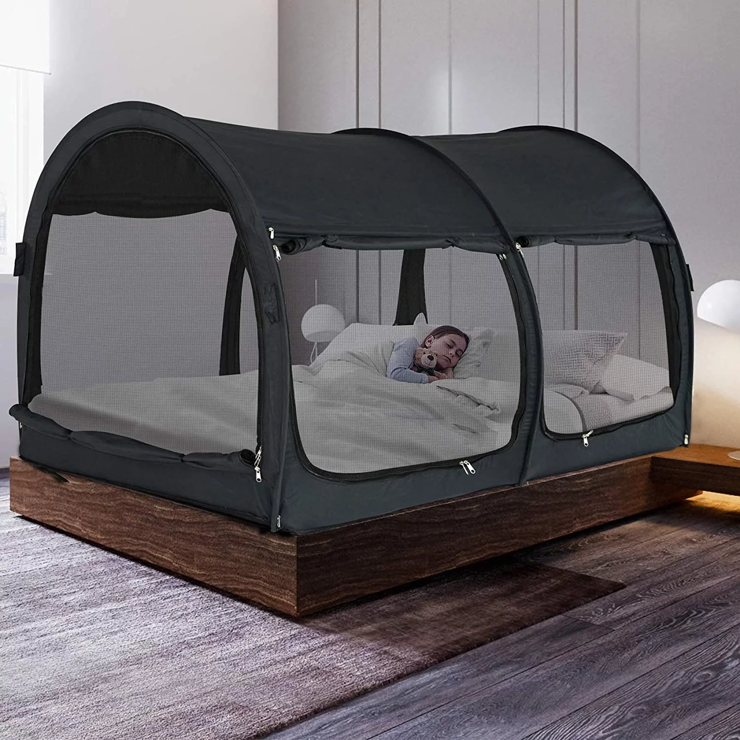 Alvantor Bed Tent Canopy Charcoal Four Doors with Neting Twin Size Privacy Space Unisex