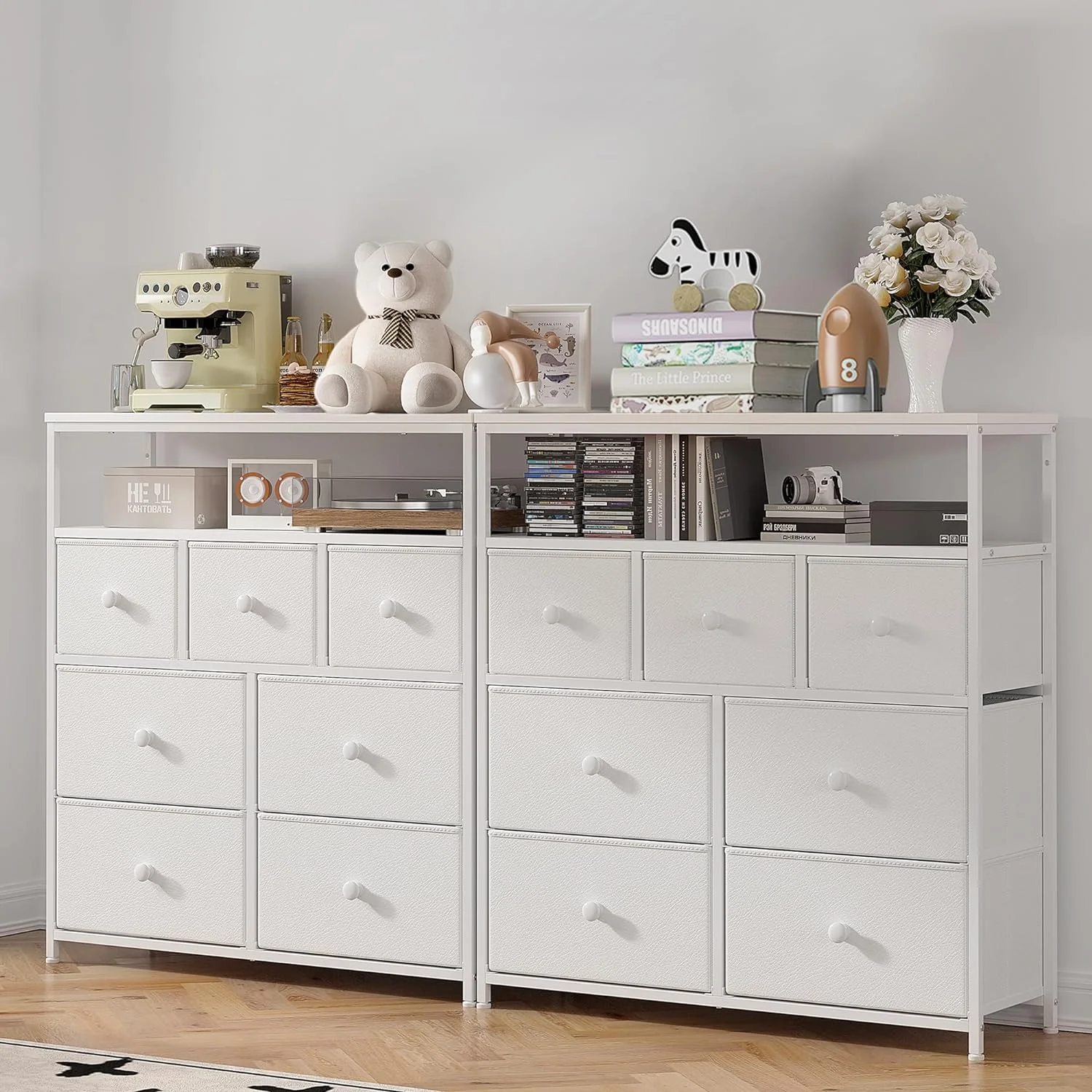 White Dresser for Bedroom with 7 Drawers and 2 Shelves, White TV Stand Dresser with Wooden Top and Metal Frame, Tall Dressers & Chest of Drawers for Bedroom, Closets, White