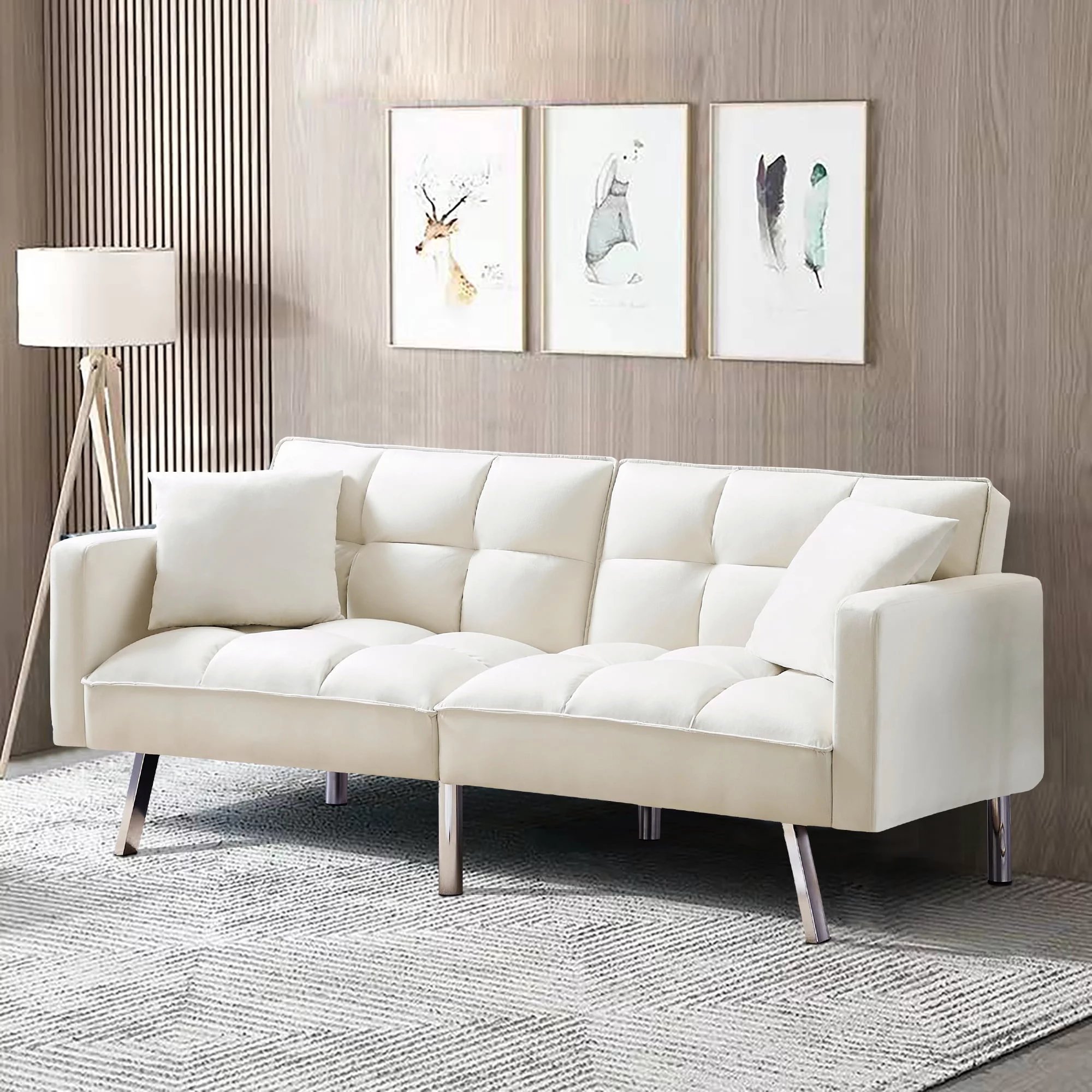 BSHTI Convertible Sofa Bed,Velvet Futon Sofa ,Sleeper Couch with Armrest and 2 Pillows for Living Room,Office( Beige)