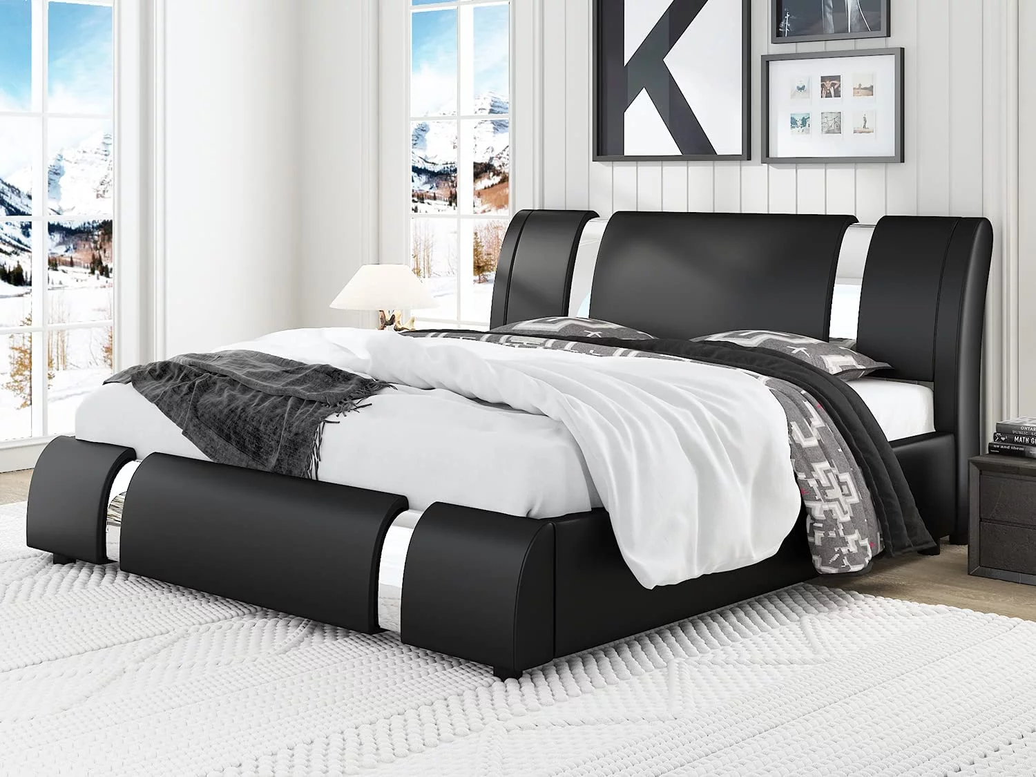 Sha Cerlin Queen Size Platfrom Bed Frame with Iron Pieces Decor and Deluxe Upholstered Modern Adjustable Headboard, Black