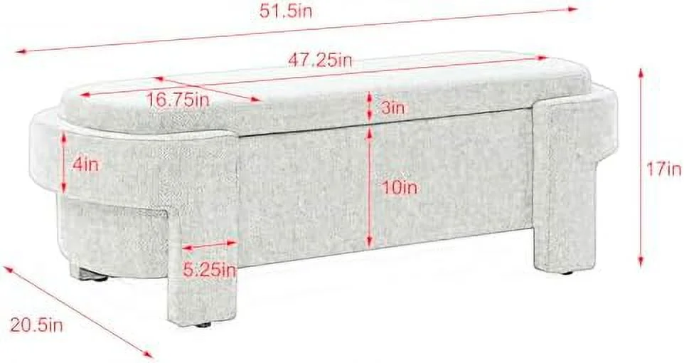 KHBIULIFE 51.5"  Bench End of Bed Bench  Chenille Upholstered Ottoman Bench with Safety Hinges and Bottom Vent  Oval Bedroom Bench Seat with  for Living Room Entryway Hallway  No Asse
