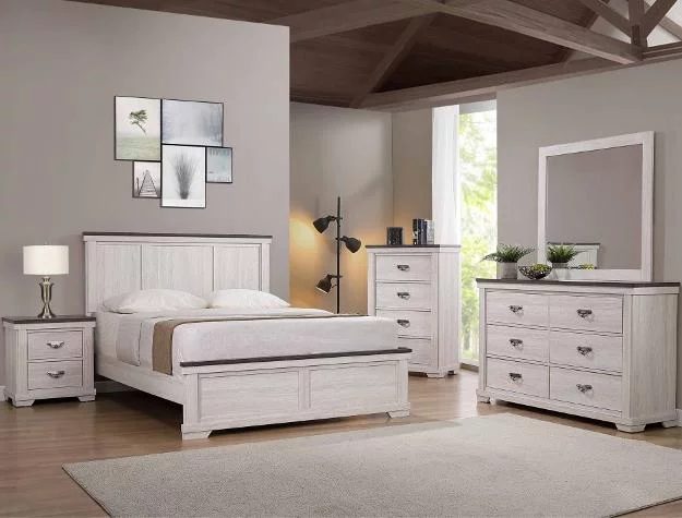 Contemporary 4pc Panel Full Size Bed Dresser Mirror Nightstand Bedroom Set Wooden Furniture Chalk Finish