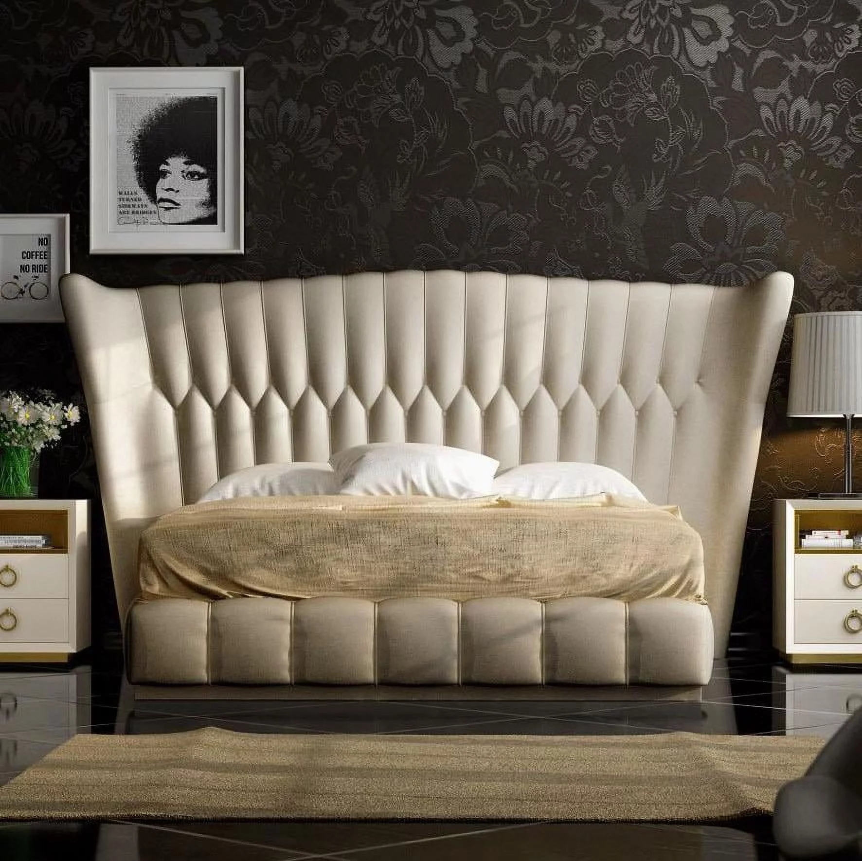 Beige Eco Leather Tufted King Bed Modern Made in Spain Soflex Velvet