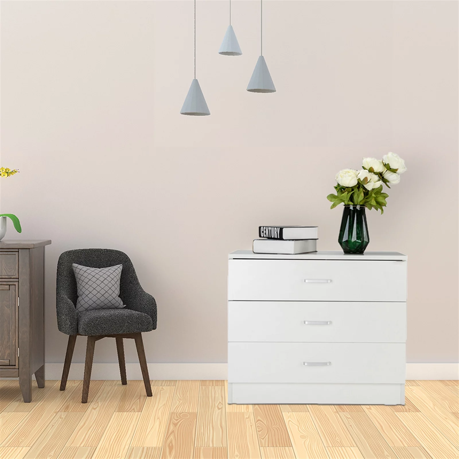 SESSLIFE Dresser for Bedroom, Wood 3 Drawer Dresser Storage Drawer, White Living Room Hallway Closets Drawer Chest