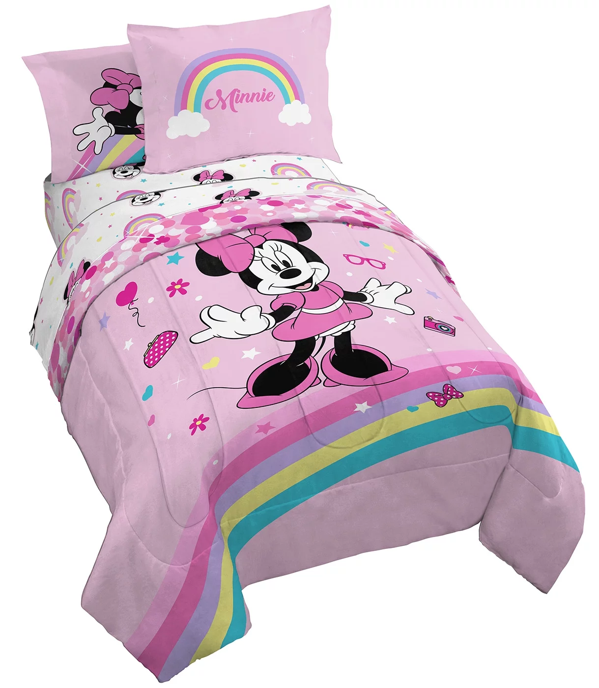 Disney Minnie Mouse Pink Rainbow Stripes 7 Piece Full Bed Set with Sham, 100% Microfiber