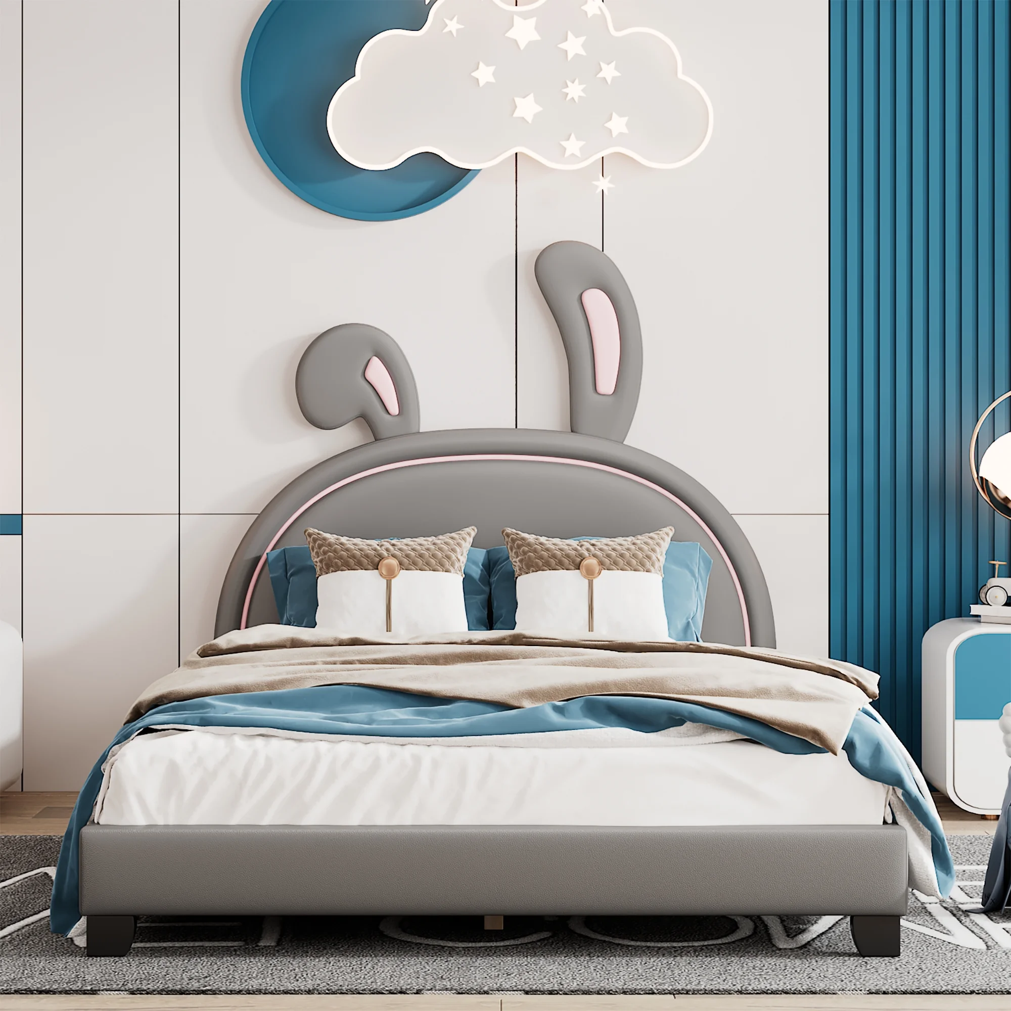 CASEMIOL Full Bed Frames with Headboard for Kids Girls Boys, Kids Platform Bed Frame with Rabbit Shape, No Noise, No Spring Box Needed, Easy Assembly,Upholstered Leather + Wood, Gray