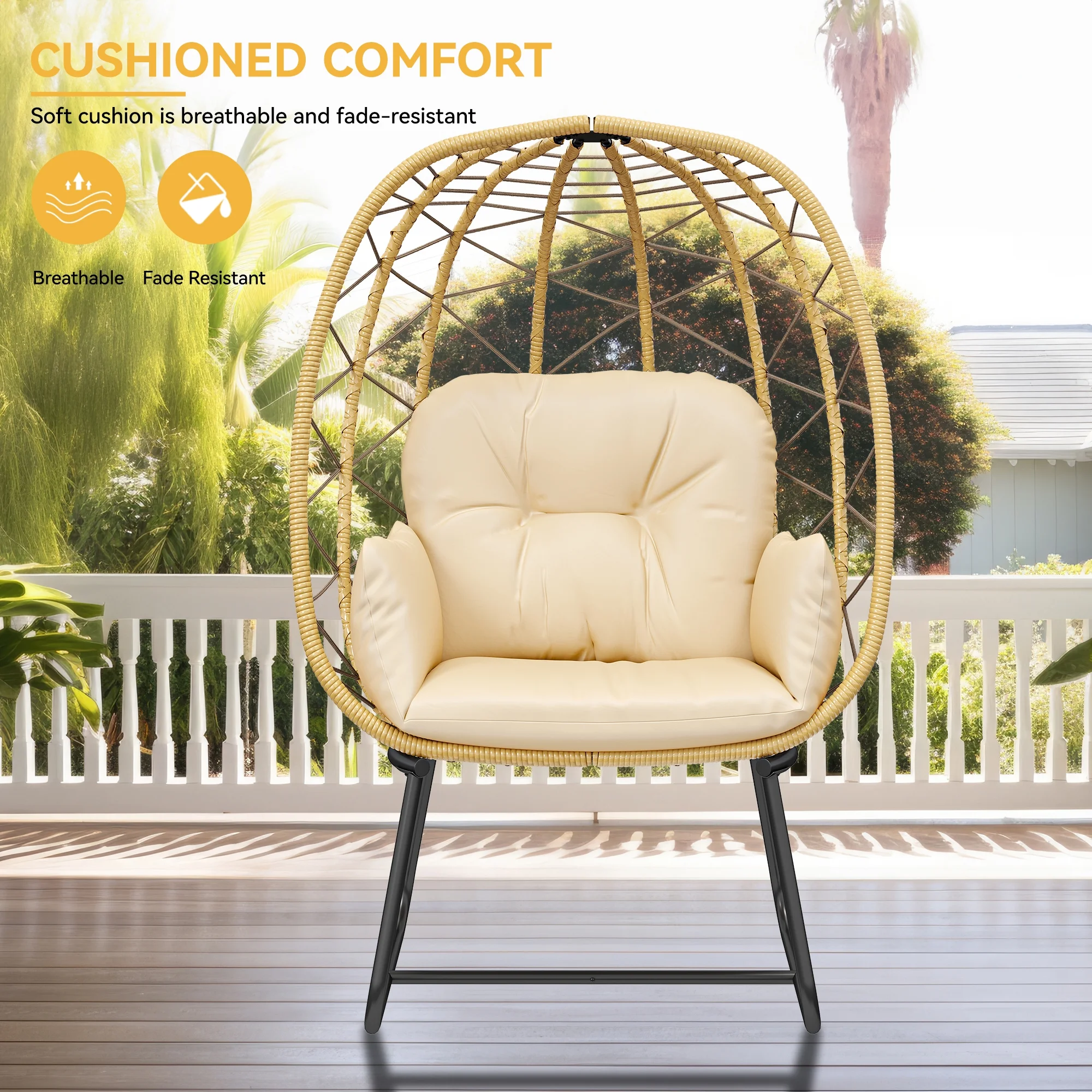 Dextrus Egg Chair with Stand Outdoor Indoor Egg Lounge Chair with Cushion Wicker Chair PE Rattan Chair Included for Patio, Garden, Backyard, Porch, Beige