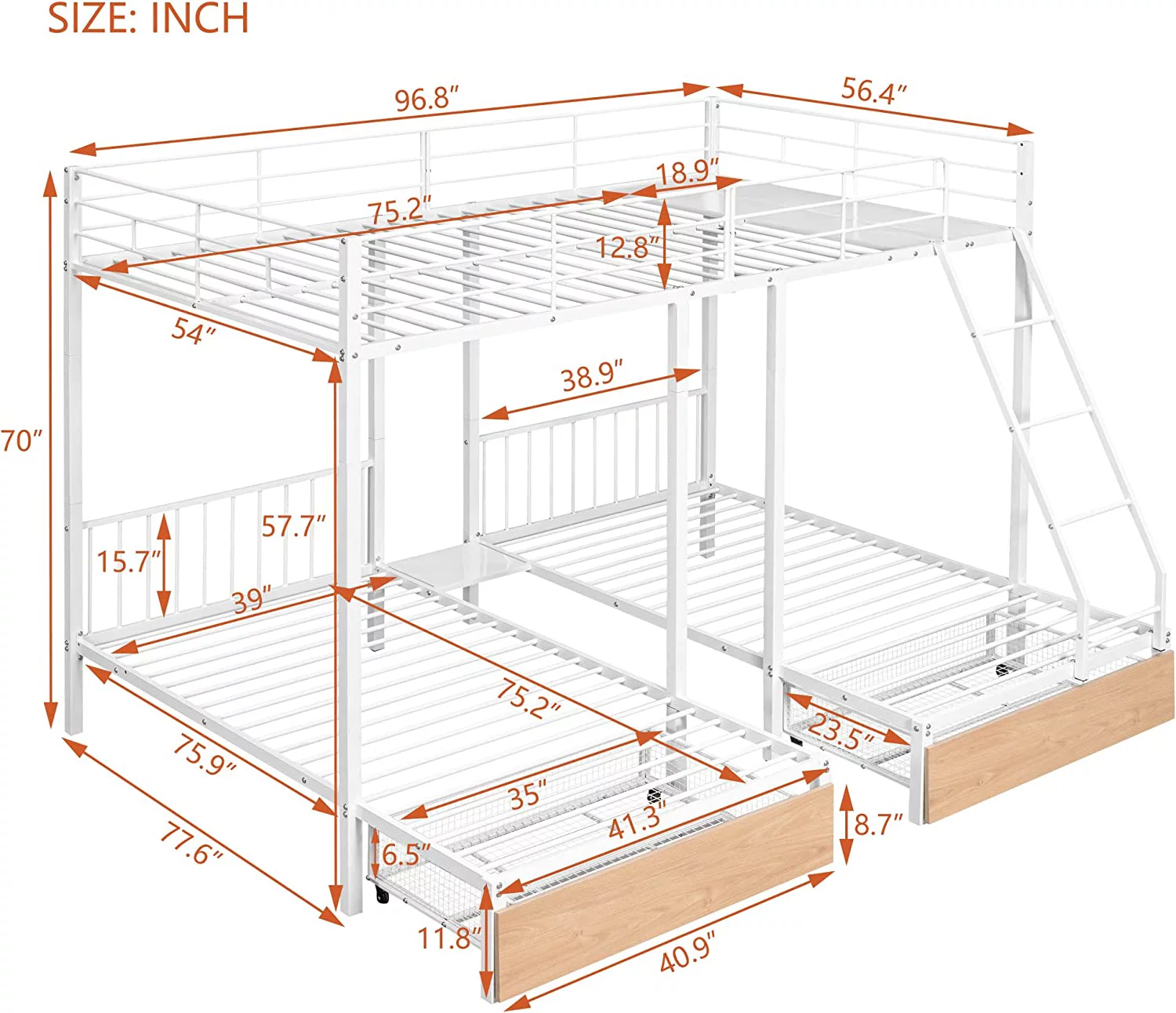 Metal Triple Bunk Bed With Drawers And Guardrails, Full Over & Bunk Bed For 3, Space-Saving, Noise Free, No Box Spring Needed - White