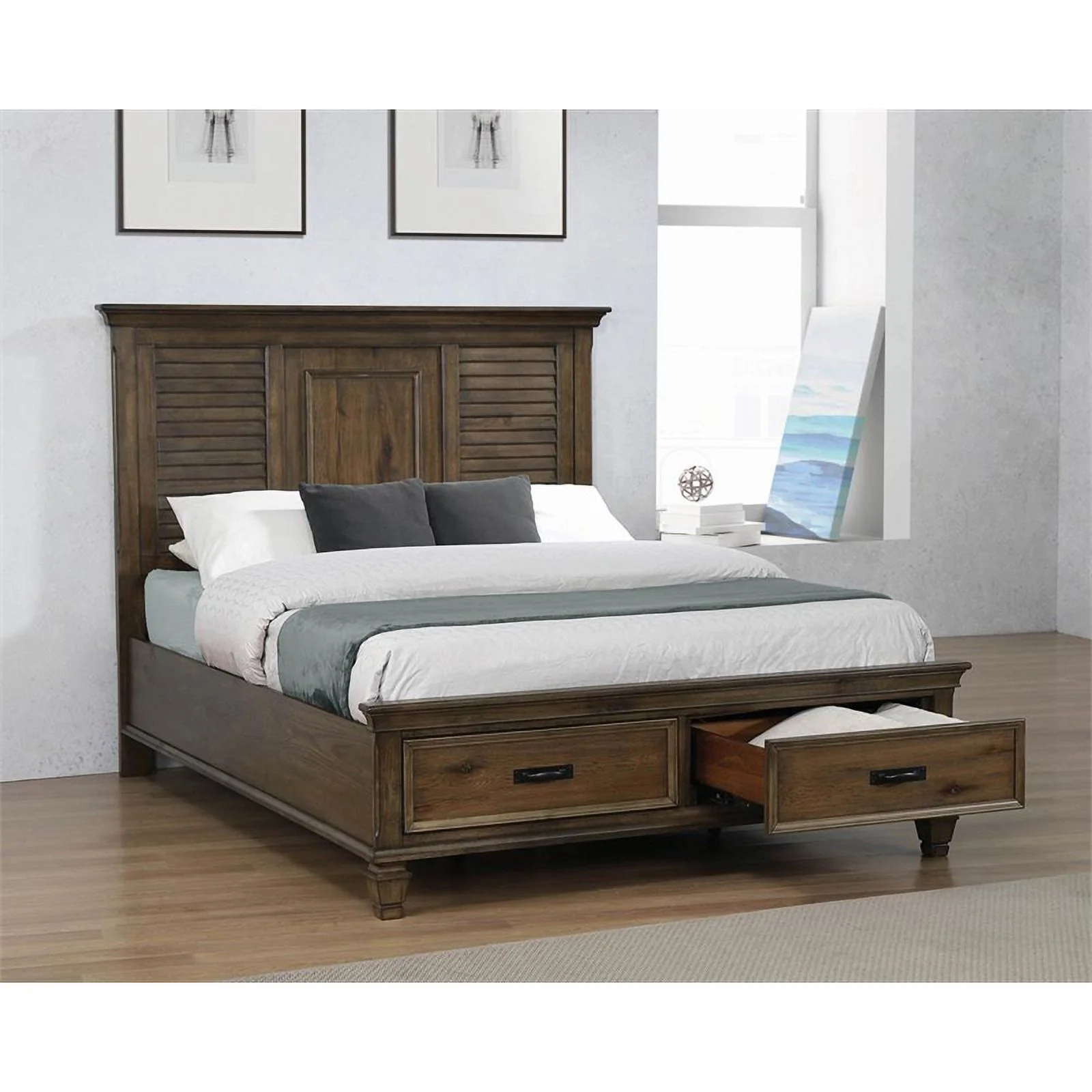 Pemberly Row Farmhouse Wood Eastern King Storage Bed in Burnished Oak