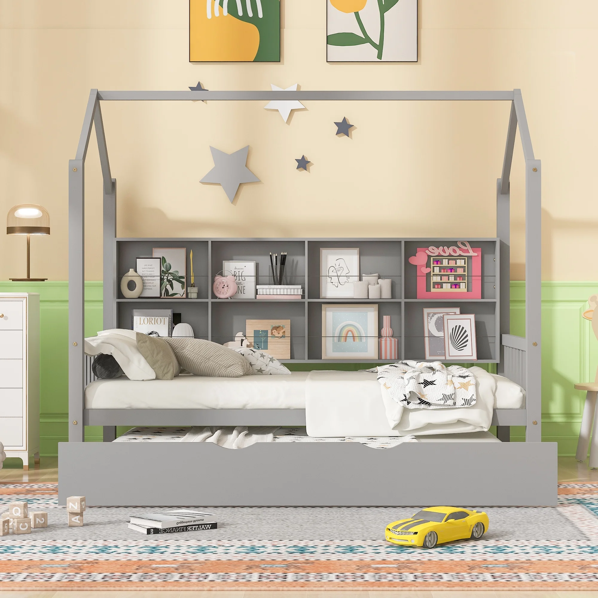 Wooden Tent Bed with Roof and Twin Size Trundle Design for Toddlers, Twin Size House Beds with Shelf, Wood Loft Bed Frame Bedroom Furniture for Girls Boys(Gray)