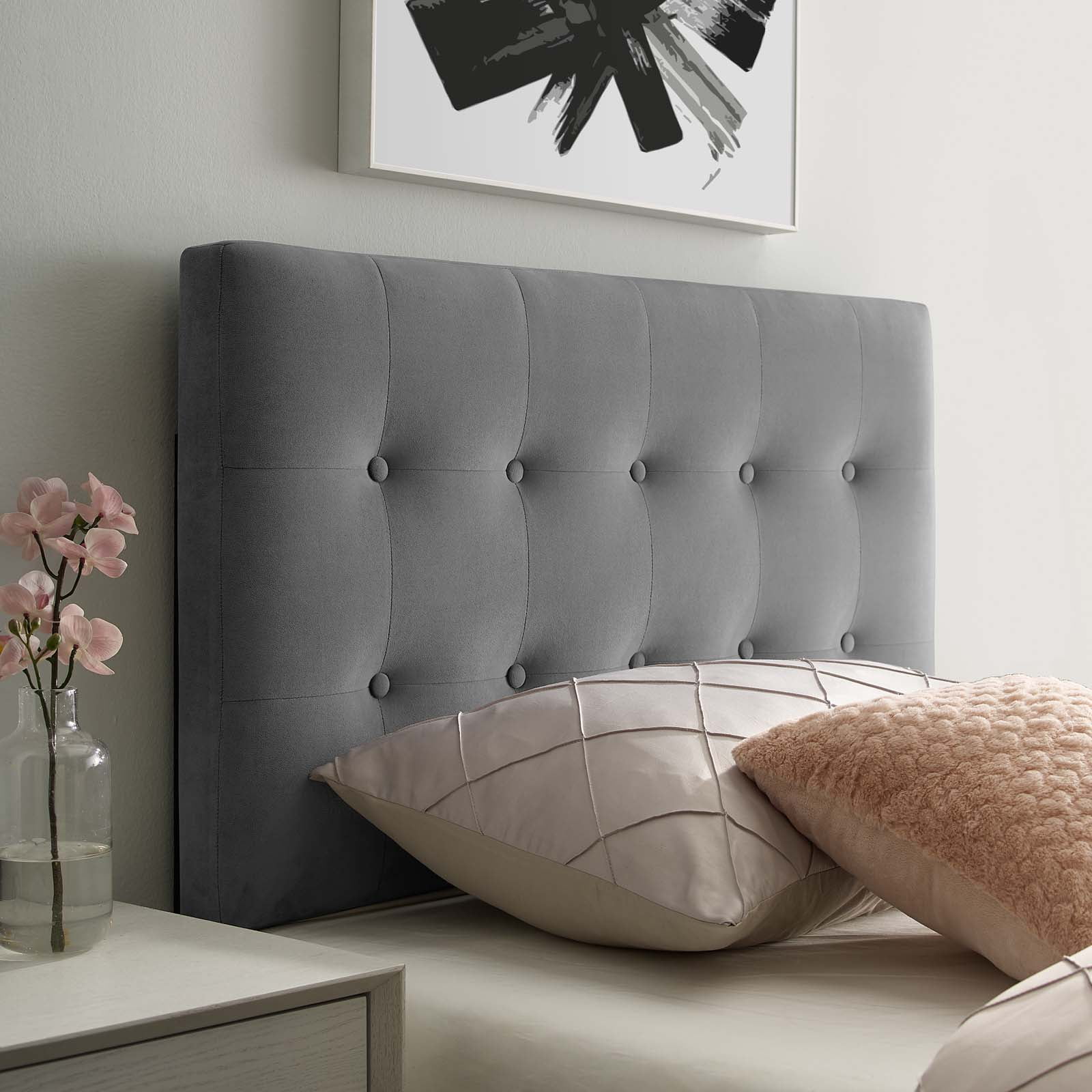 Contemporary Modern Urban Designer Bedroom Twin Size Tufted Headboard, Velvet Fabric, Grey Gray
