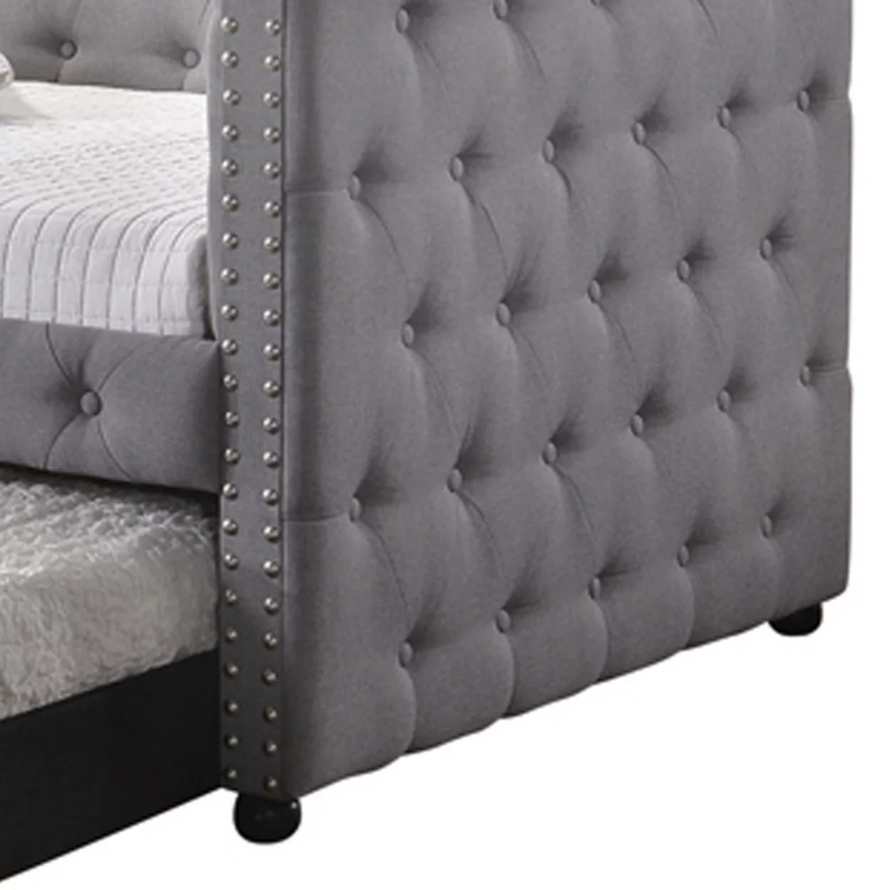 Fabric Upholstered Button Tufted Twin Daybed with Nailhead Trims, Gray- Saltoro Sherpi