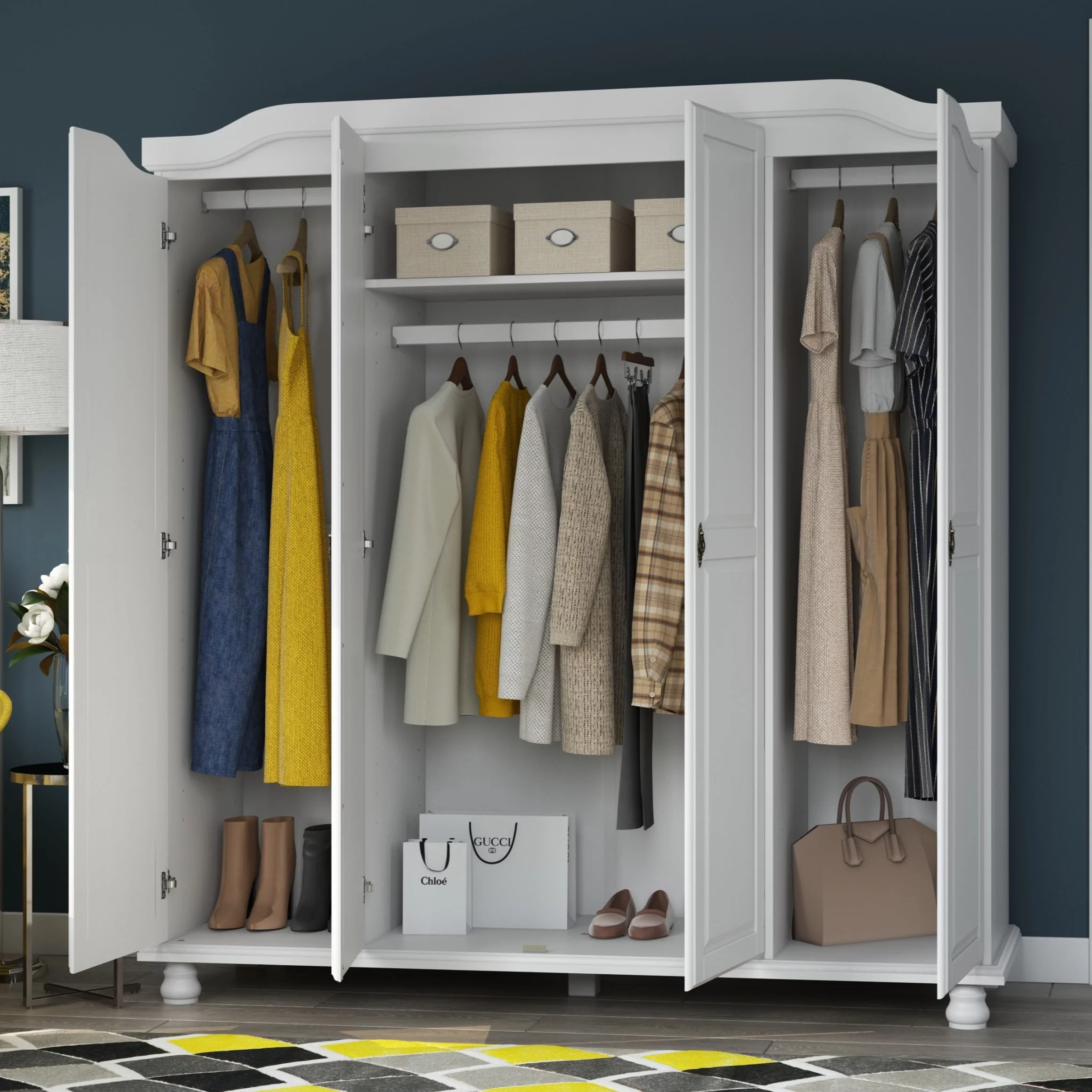 Palace Imports, Inc. Palace Imports 100% Solid Wood Kyle 4-Door Wardrobe Armoire with Solid Wood or Mirrored Doors White