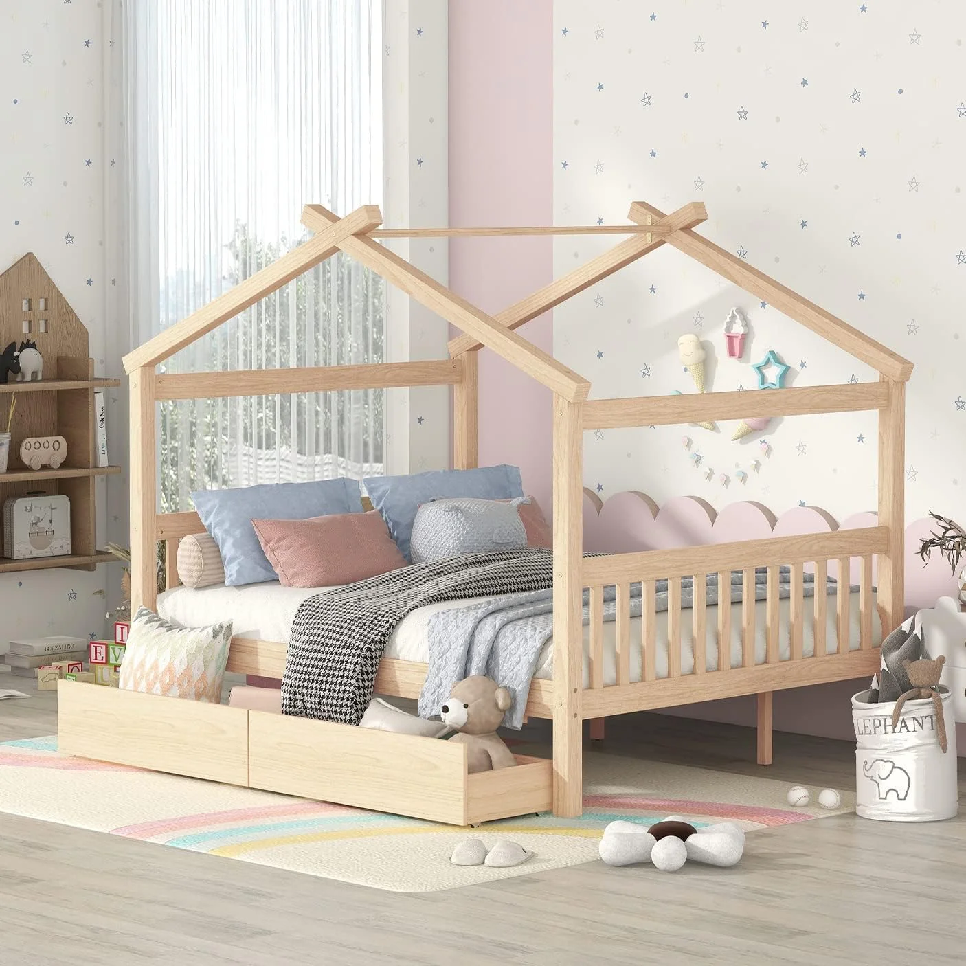 Full Size House Bed With Drawers, Wooden Full Platform Bed Frame With Headboard And Footboard, Roof Design, For Guest Room/Living Room, Natural