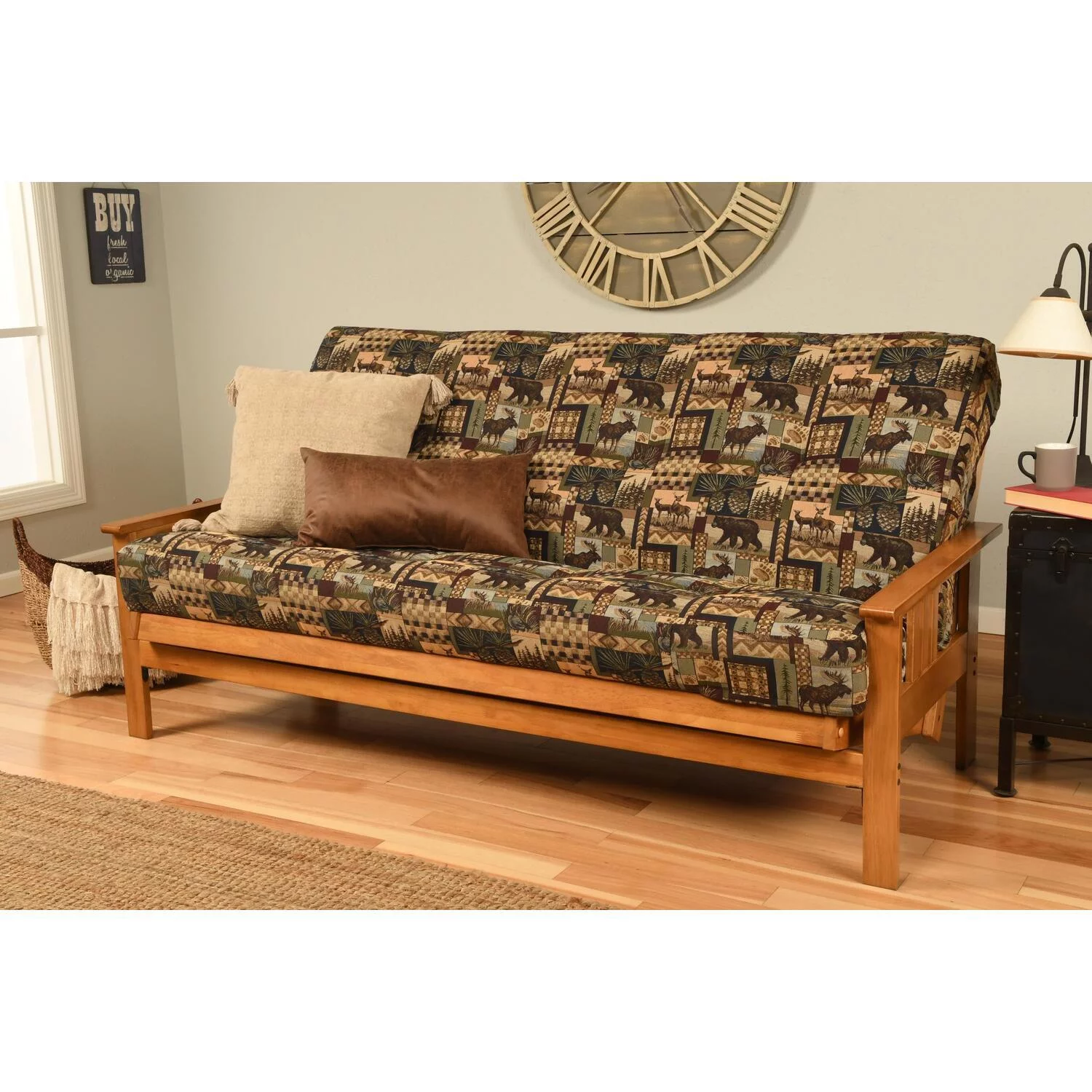 Homestock Baroque Bonanza Futon Frame/Butternut Finish/Peter's Cabin Mattress