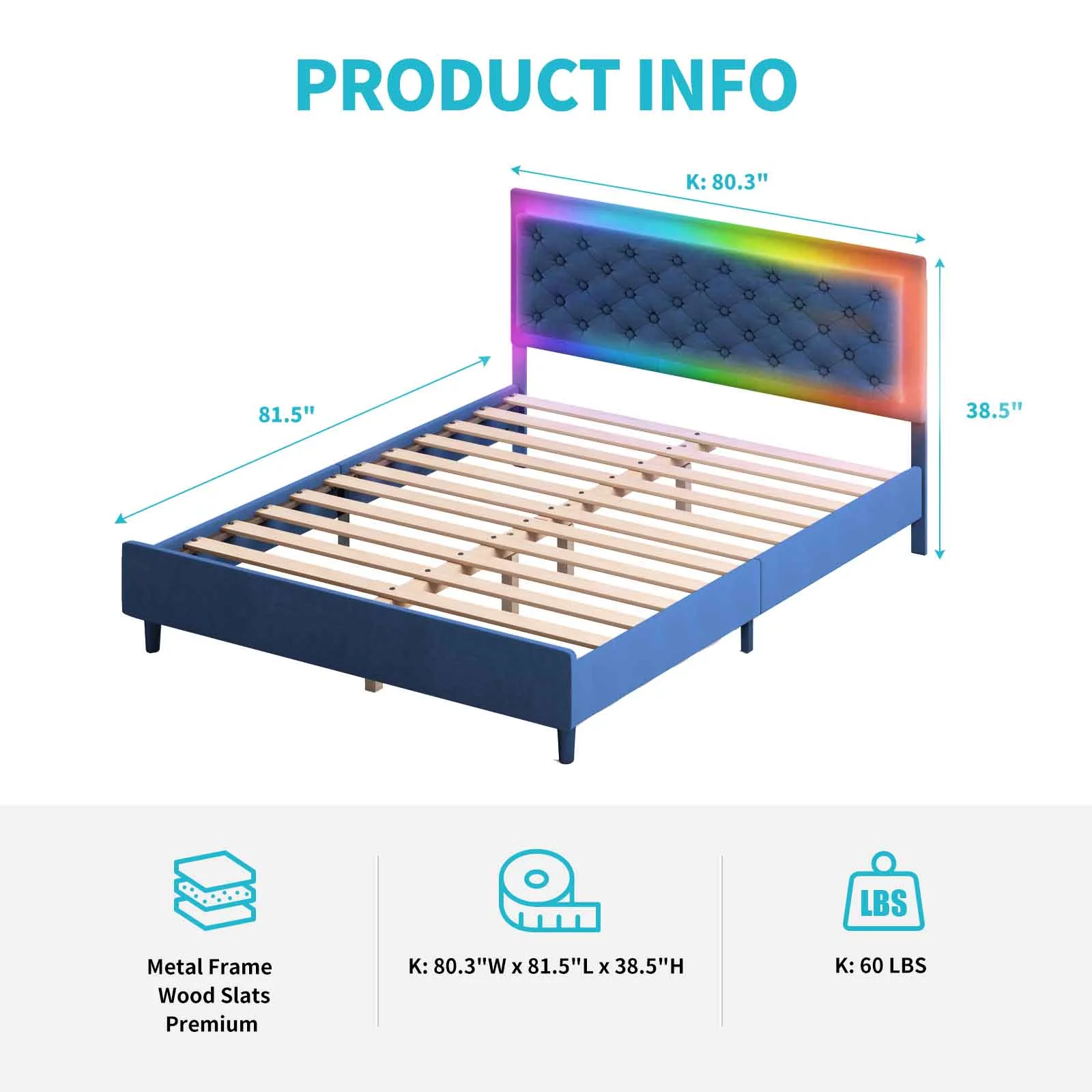 CECER King Size Bed Frame, Velveteen RGB LED Bed Frame with Adjustable Headboard, Upholstered Mattress Foundation with Button Tufted Headboard Blue