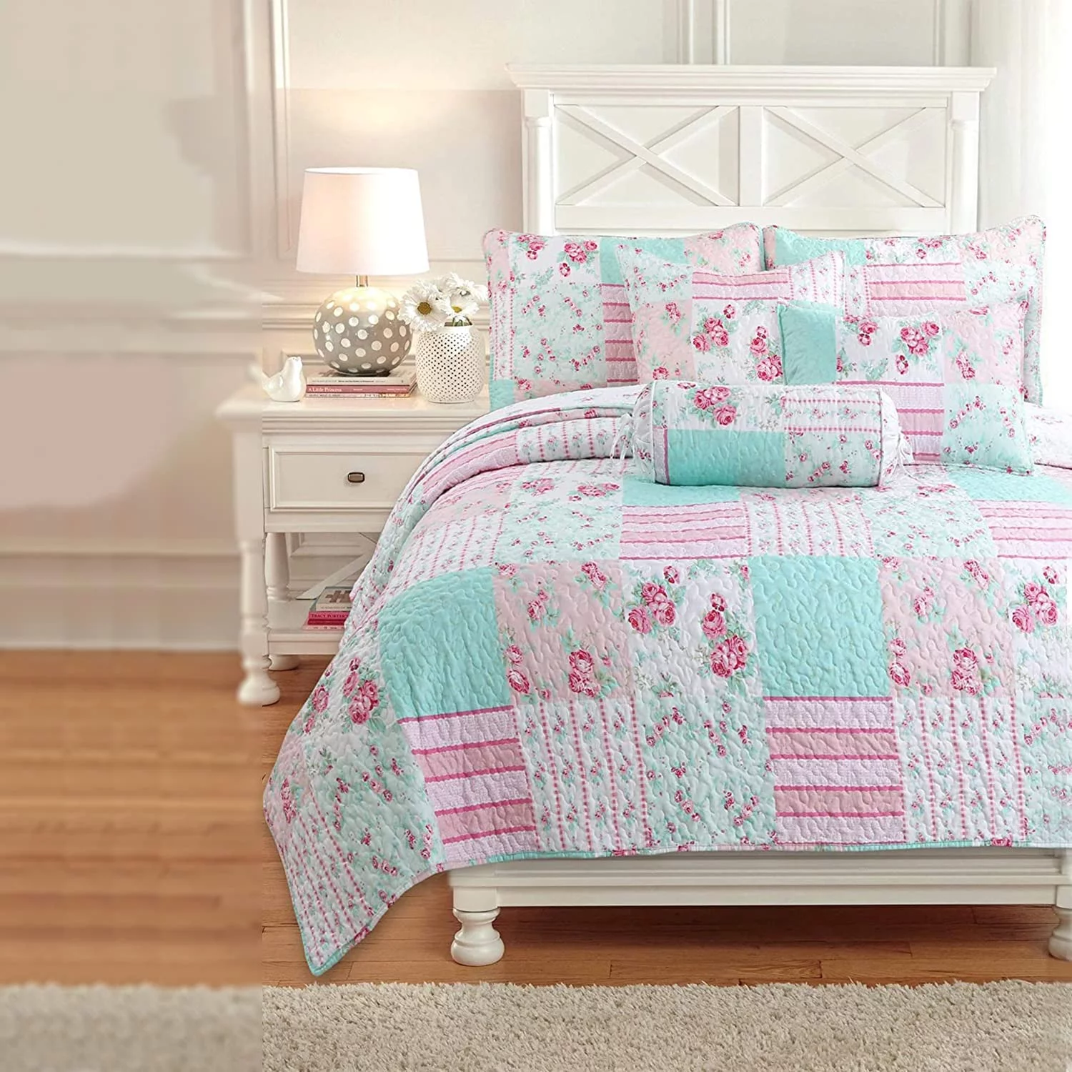 Cozy Line Pink Garden Floral Pink Blue Reversible 5-Piece Quilt Bedding Set, Twin Set with Decorative Pillows