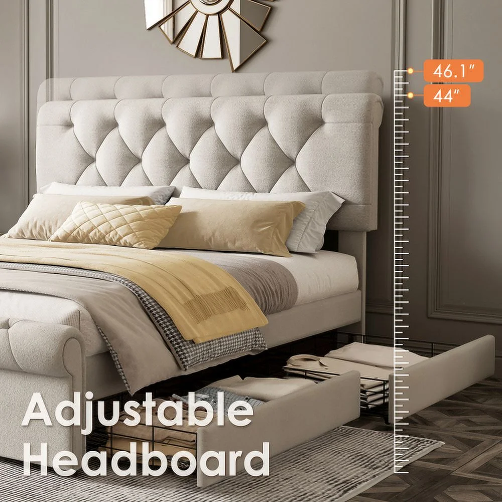 Queen Size Upholstered Platform Bed With Four Drawers, Antique Curved Headboard, Linen Fabric, Beige (Without Mattress)