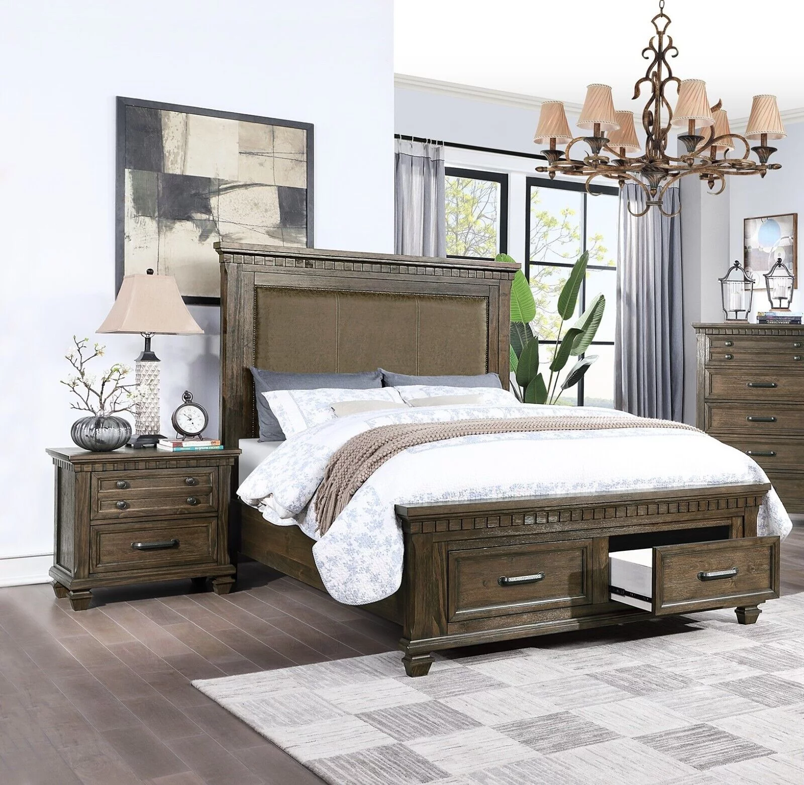 Queen Size Bed And 2x Nightstands 3pc Set Bedroom Furniture Storage Footboard Fabric Upholstery High HB Antique Finish Wooden