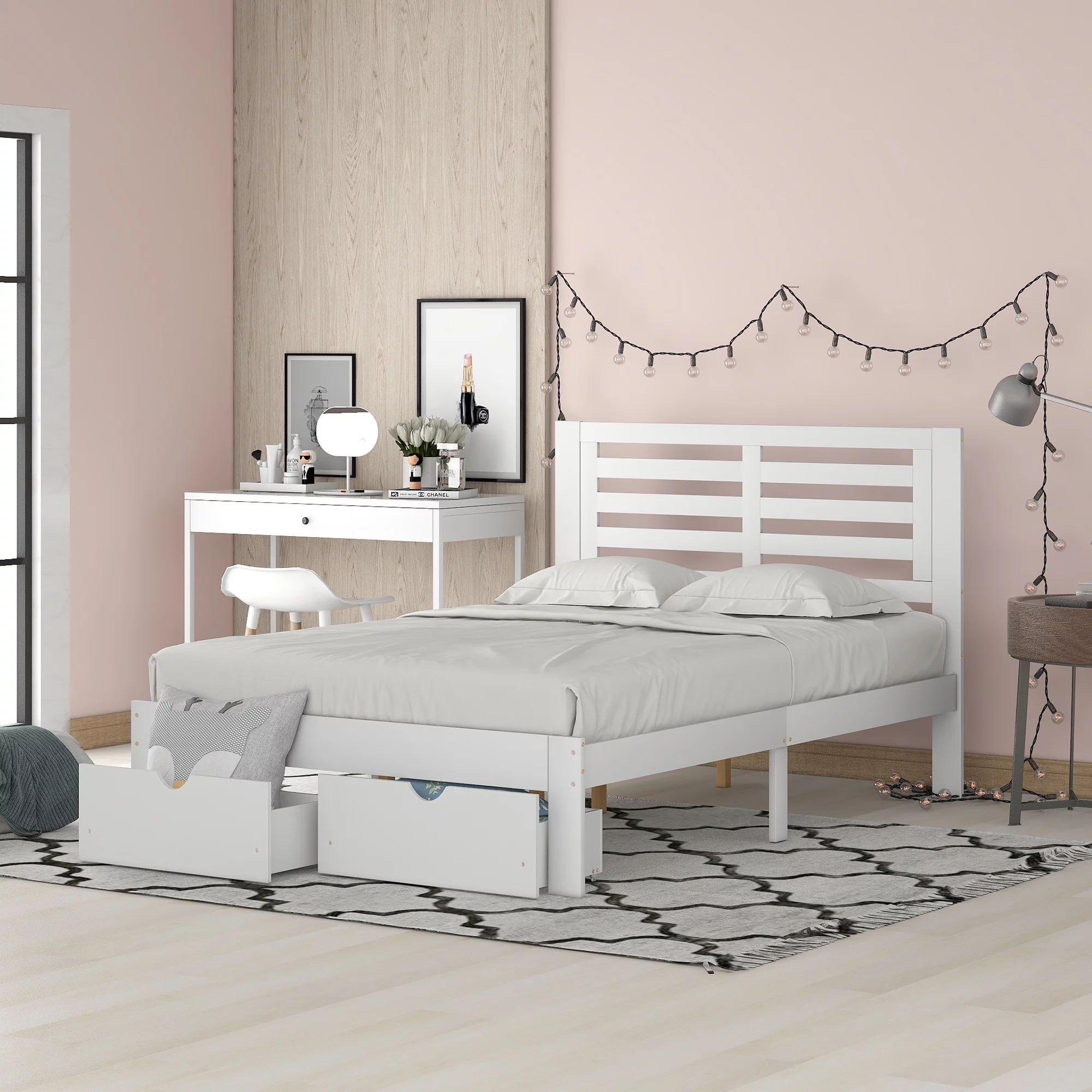 Euroco Modern Pine Wood Storage Platform Bed, Full for Kids, White