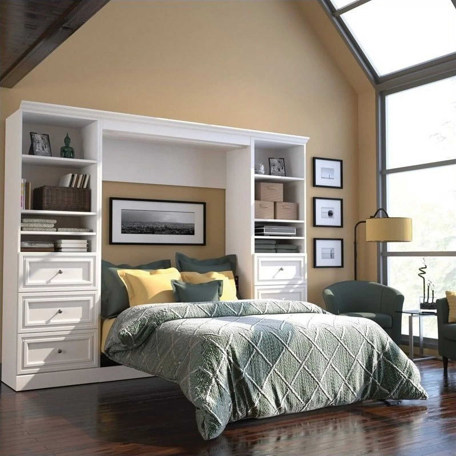 Atlin Designs Wood Full Murphy Bed and 2 Organizers with Drawers in White