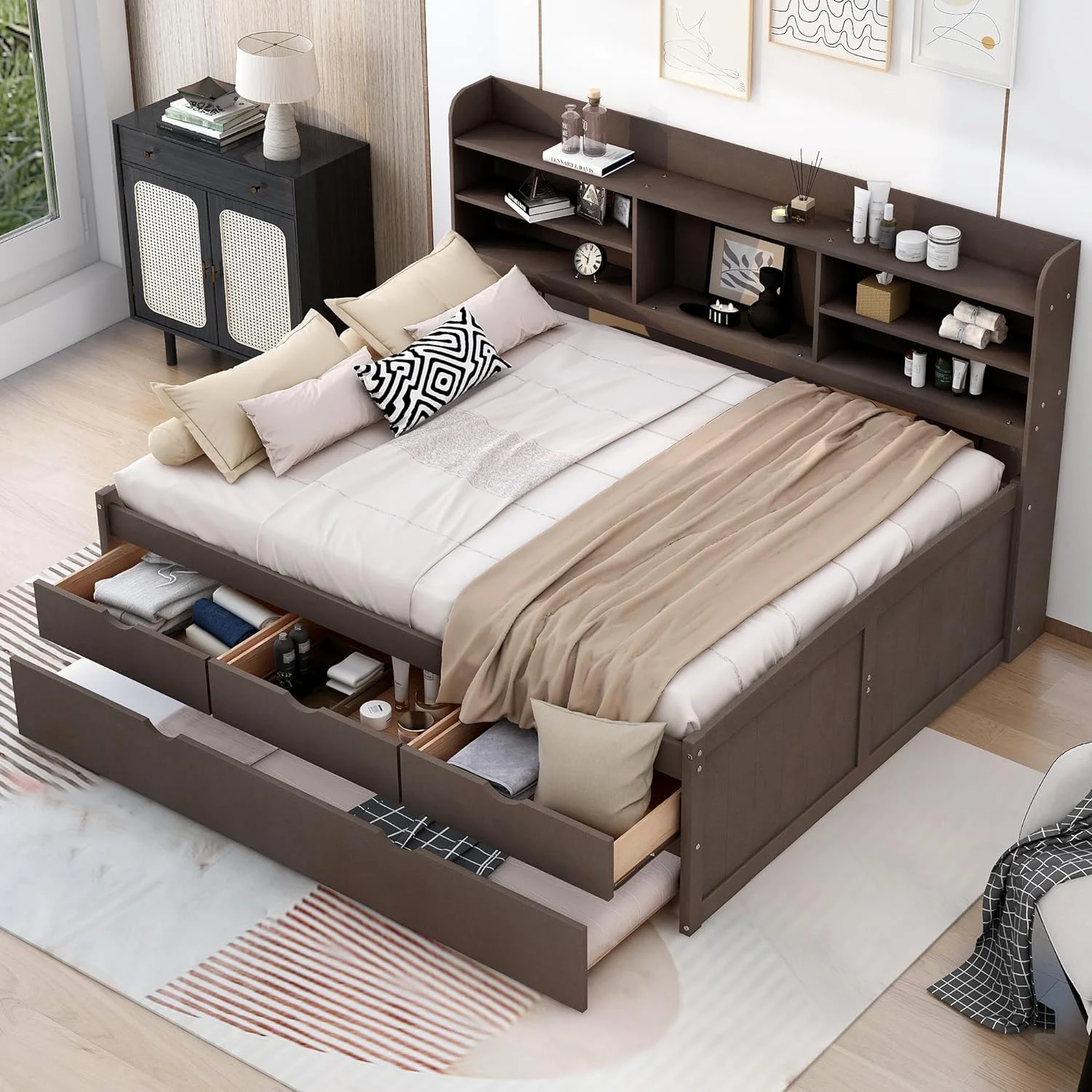 Full Size Sorage Daybed Wih rudle, Drawers, Bookcase, Solid Wood Full Capai’S Bed Frame For Kids Guess, o Box Sprig eeded (Aique Grey)