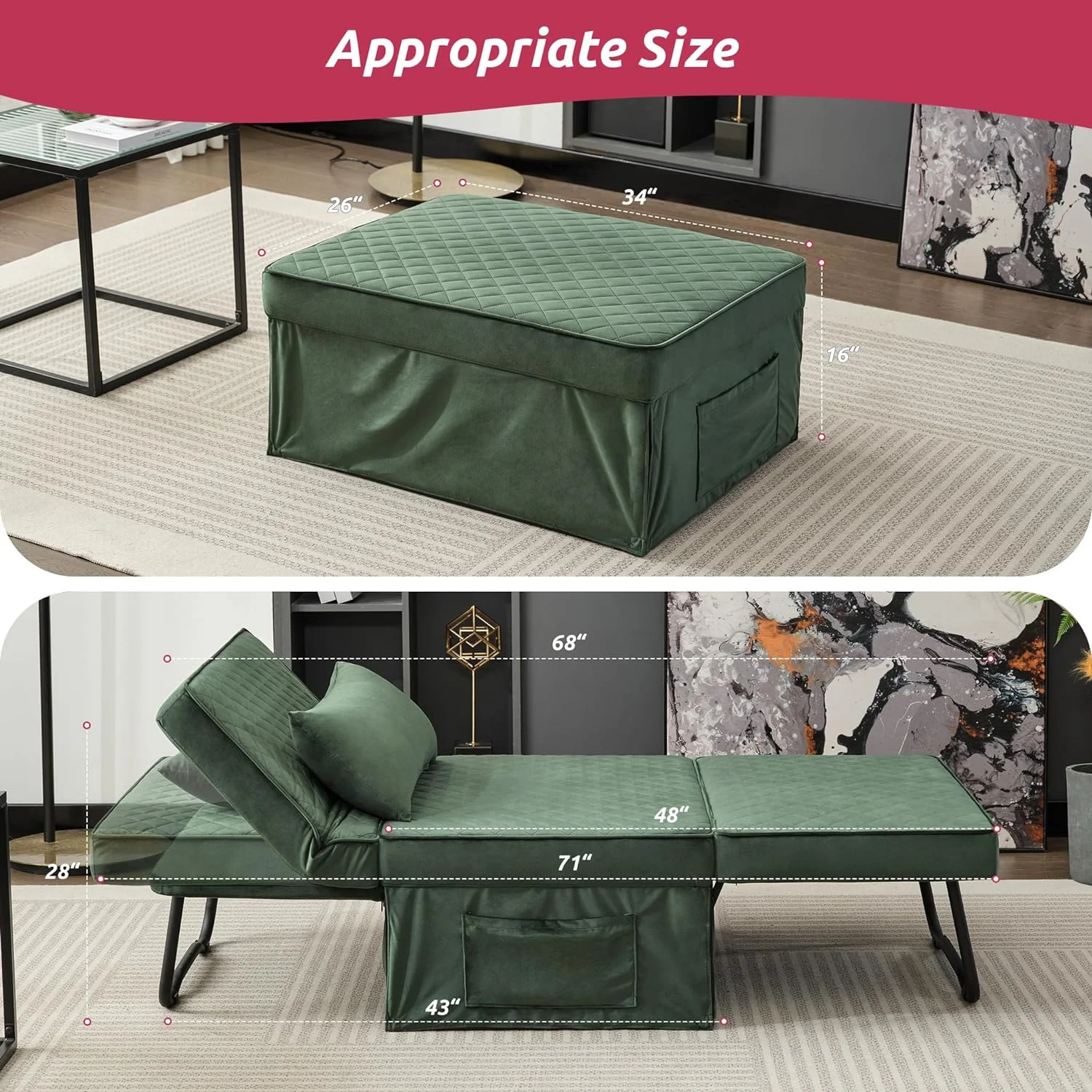 Folding Ottoman Sofa Bed, Convertible Chair 4 In 1 Multi-Function Ottoman, Couch Bed With 6 Position Adjustable Backrest, Imitation Flannel, Green