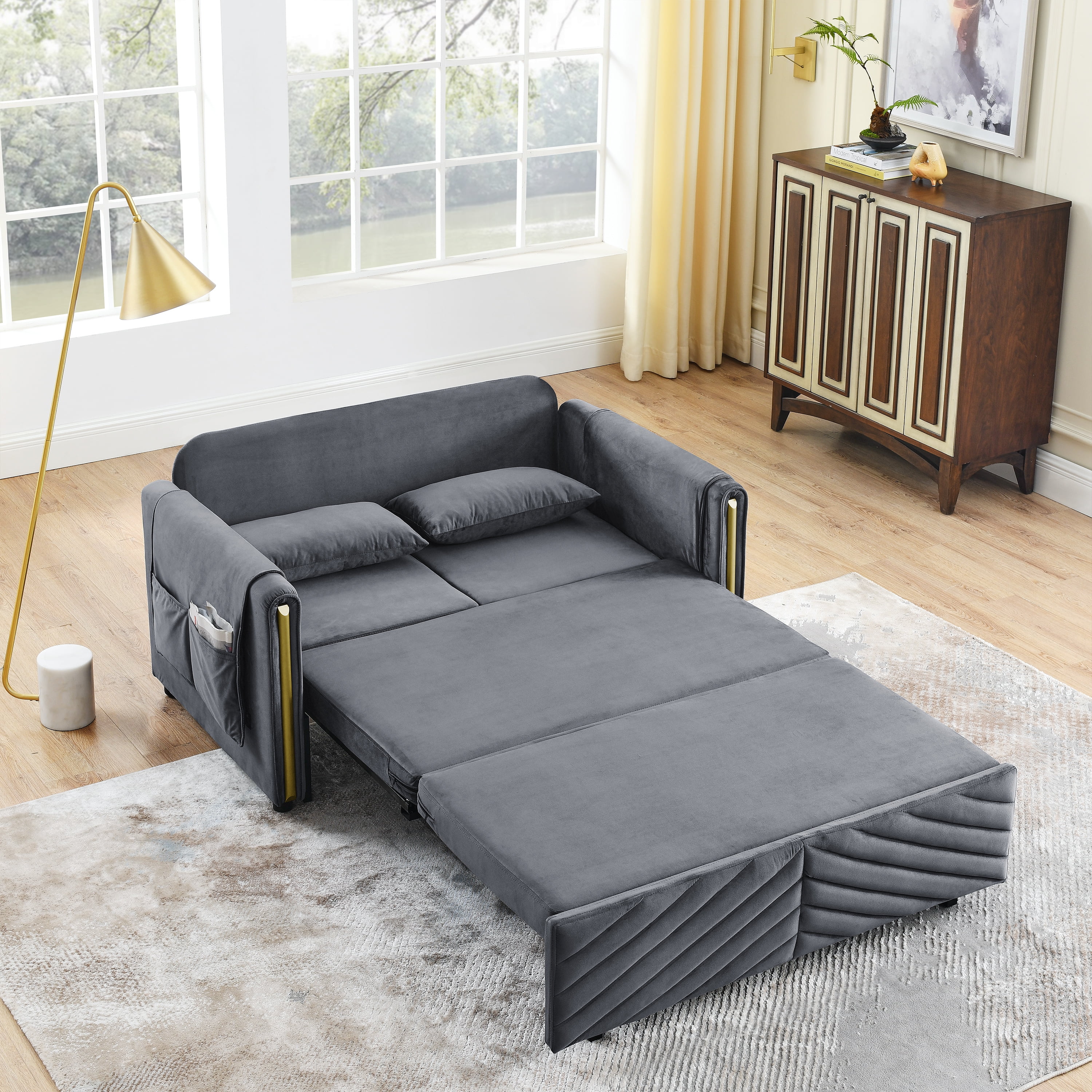 Hombay Pull Out Convertible Sleeper Sofa Bed, Velvet Folding Couch Loveseat with Pillows and Storage Pockets for Living Room Bedroom Office